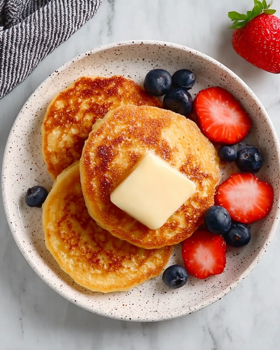 A white speckled plate holds three golden brown pancakes stacked slightly overlapping, with the top pancake crowned by a square pat of melting butter. To the side, fresh strawberries and blueberries add bright red and deep blue pops of color, some whole and one strawberry sliced in half revealing its red interior. The plate is placed on a white marbled surface with a whole strawberry partially visible nearby. Photo taken with an iphone --ar 4:5 --v 7