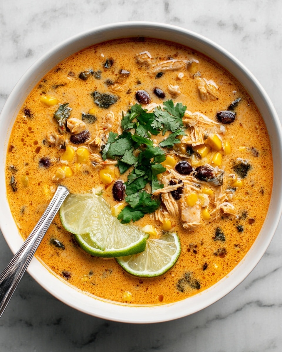 A white bowl filled with creamy, orange soup with visible pieces of shredded chicken, black beans, corn, and green peppers mixed throughout. The soup has a smooth yet chunky texture with a slightly oily sheen. On top, there is a garnish of fresh green cilantro leaves along with two lime wedges placed near the center. A silver spoon is resting inside the bowl on the left side. The bowl is set on a white marbled surface. photo taken with an iphone --ar 4:5 --v 7