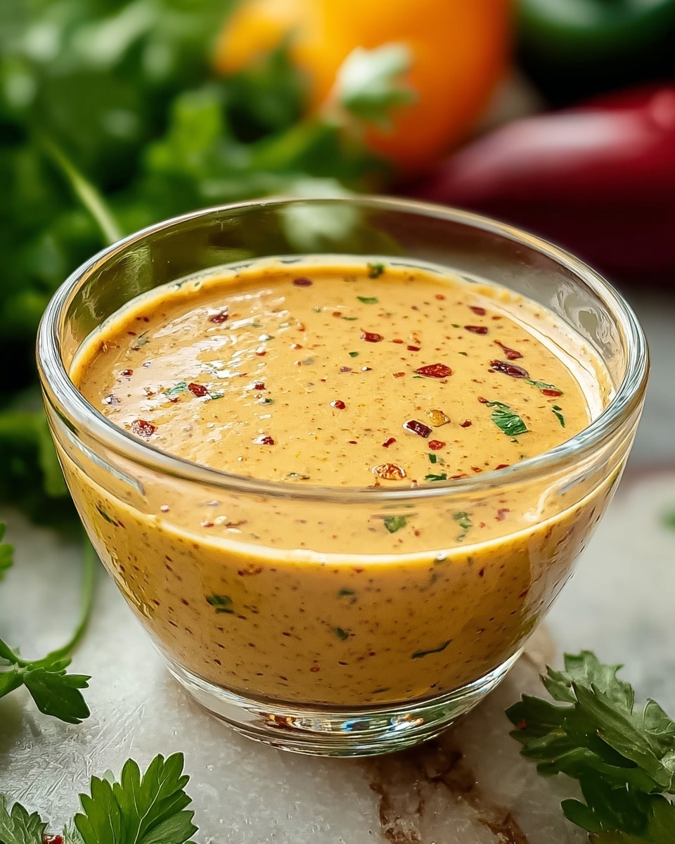 A small clear glass bowl filled with a thick, creamy sauce that is a mustard yellow color with specks of red spices and small green herb pieces evenly spread throughout. The sauce has a smooth texture with a slightly glossy surface, sitting on a white marbled texture. Fresh green herbs and blurred colorful ingredients can be seen in the background, giving the scene a fresh and natural feel. photo taken with an iphone --ar 4:5 --v 7