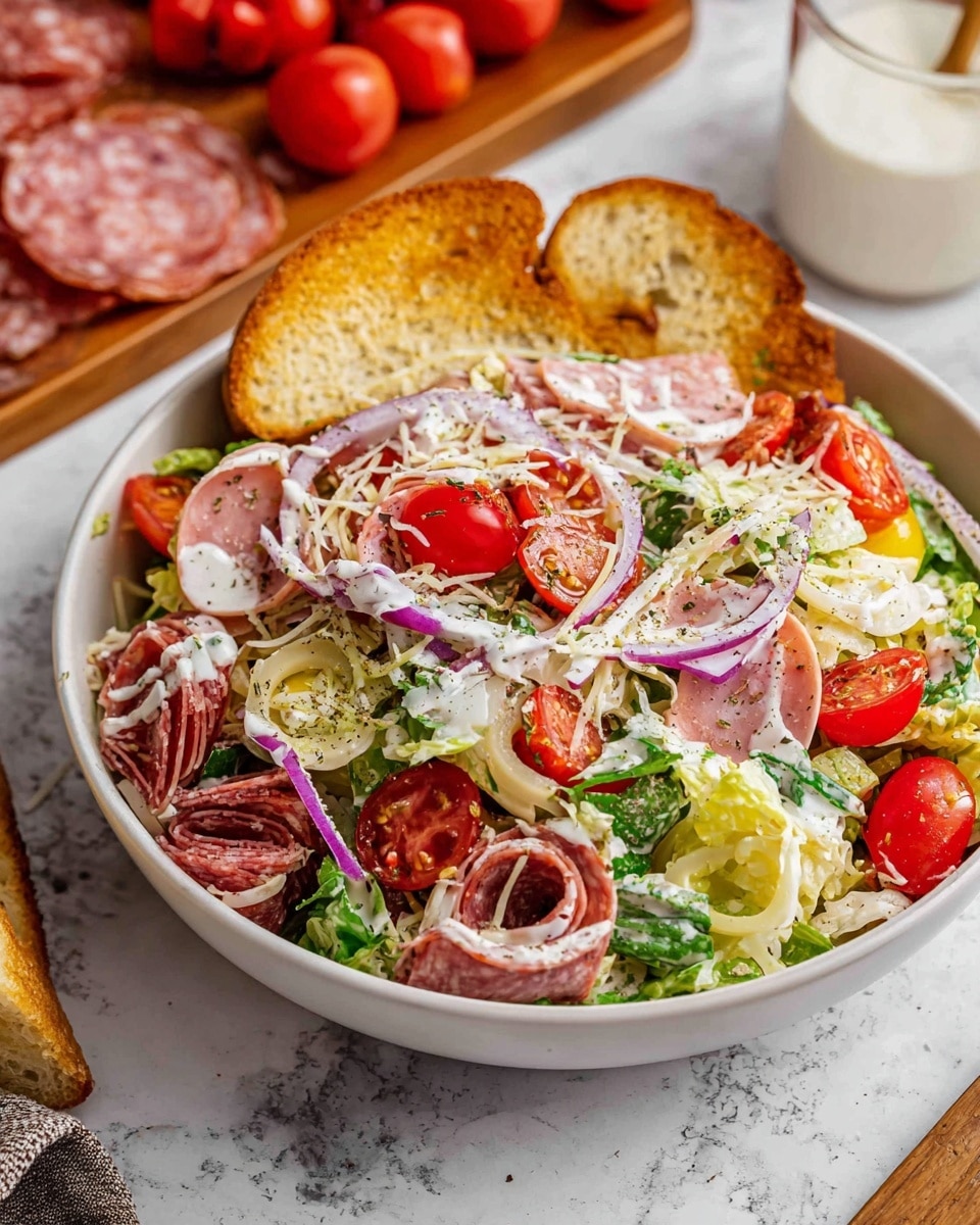 The dish is a colorful salad in a white bowl, layered with various fresh ingredients. The base layer has chopped green leafy lettuce mixed with thin slices of light pink deli meat. On top, there are bright red halved cherry tomatoes, thin slices of purple onion, pale yellow pepper rings, and coiled pieces of darker red salami. White shredded cheese is scattered throughout, all coated lightly with a creamy white dressing. Two golden brown toasted bread slices rest on one side of the bowl. The bowl sits on a white marbled surface with a wooden cutting board, tomatoes, and deli meats blurred in the background. Photo taken with an iphone --ar 4:5 --v 7