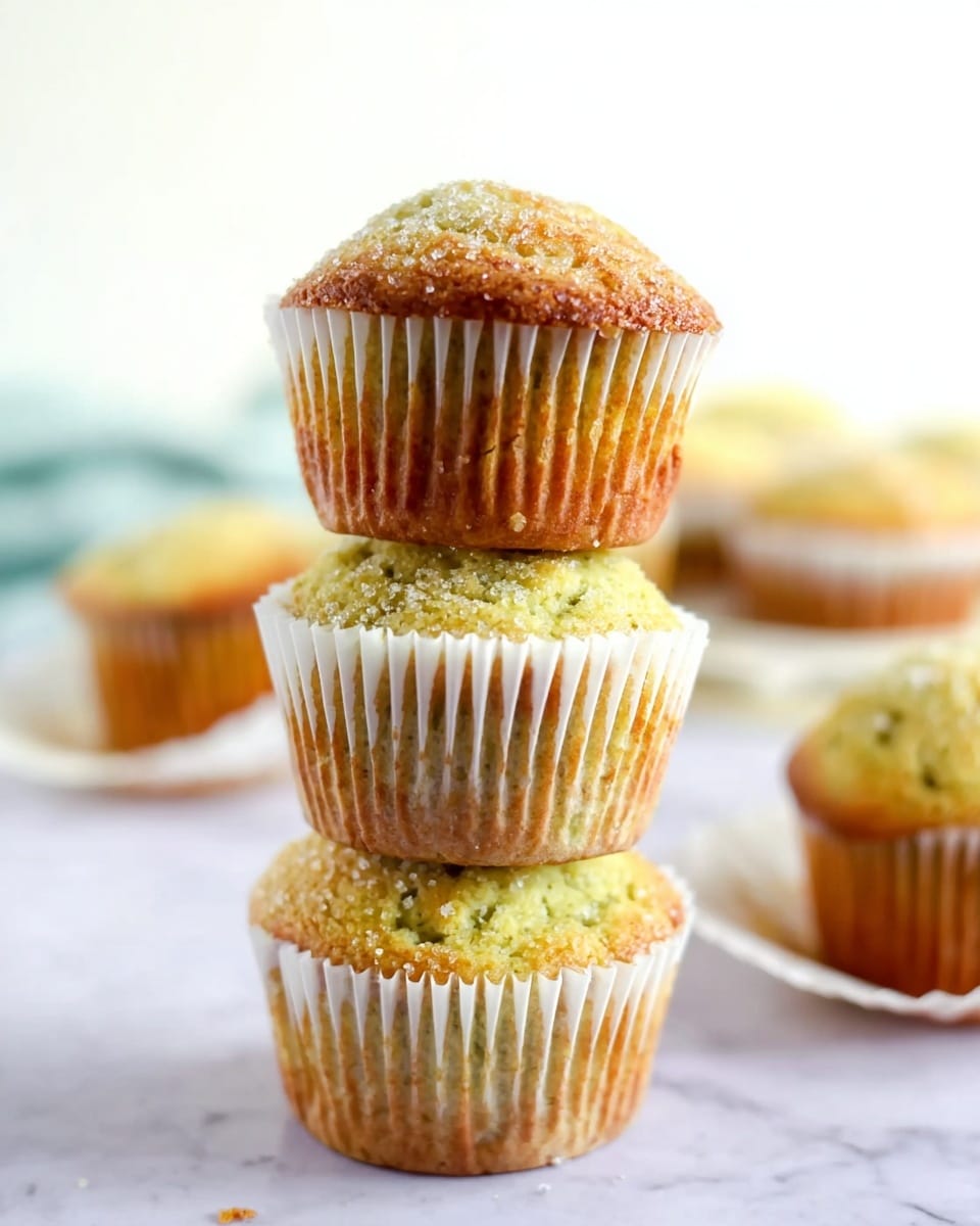 The image shows a stack of three light green, slightly golden muffins with a crumbly texture, each wrapped in white paper liners with ridges. The top muffin has a sprinkle of coarse sugar on its rounded top. Behind the stack, there is a single muffin with a similar color and texture placing on a white marbled surface. In the distant background, three other muffins in white liners are softly blurred but still visible, placed in a row on the same white marbled surface. The overall setting is bright with a soft, natural light coming from the left side, giving the muffins a fresh and inviting look. photo taken with an iphone --ar 4:5 --v 7