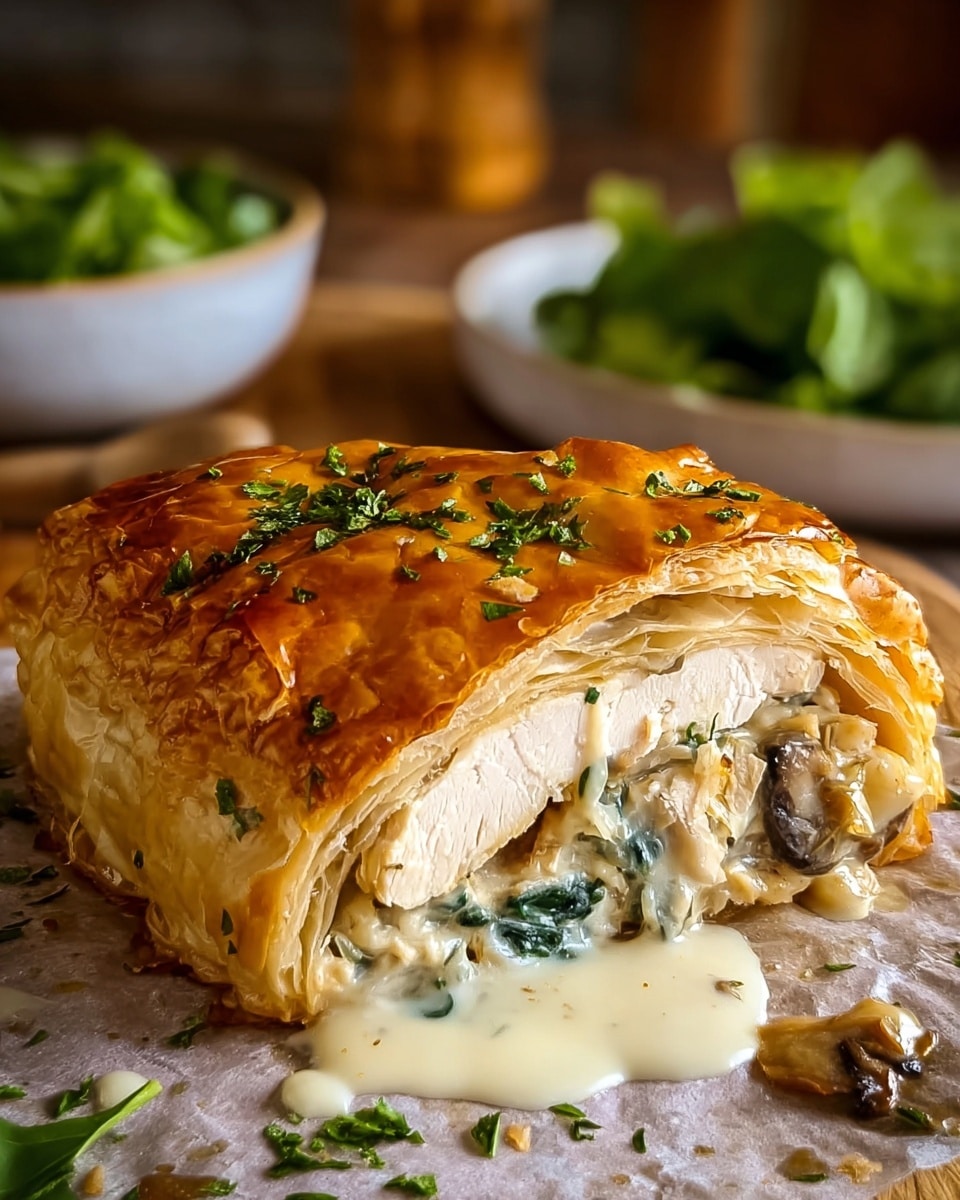 The image shows a golden brown flaky pastry with a glossy finish, sprinkled with small green herbs on top. It is half cut open to reveal its filling, which is made of a thick layer of moist white chicken breast at the core, surrounded by a creamy mushroom and spinach mixture with soft textures and light colors. The creamy filling is melting out slightly onto a piece of parchment paper underneath. The pastry sits on a wooden surface with some scattered green herb leaves, and in the blurred background, there is a white bowl filled with fresh green leafy salad. photo taken with an iphone --ar 4:5 --v 7