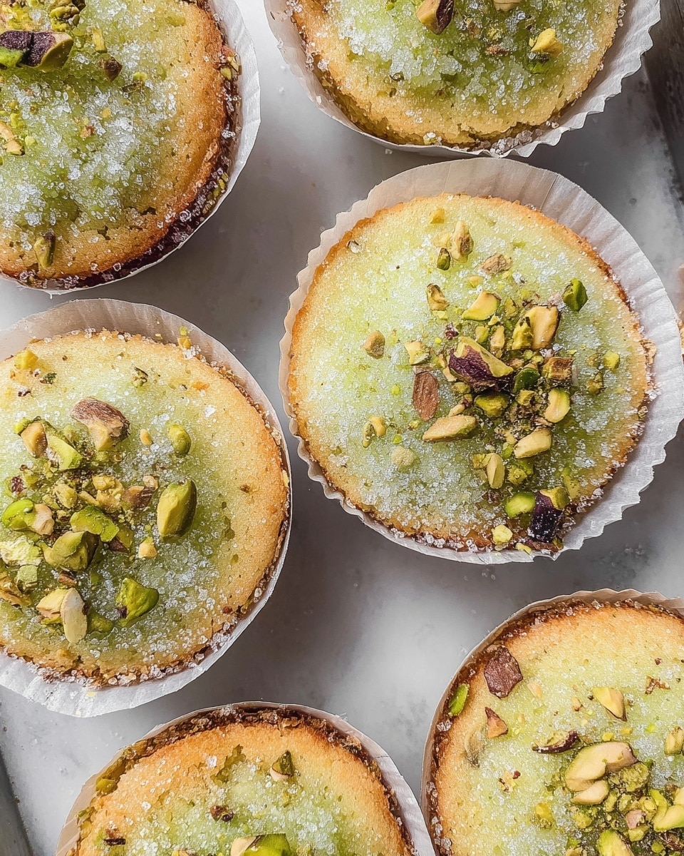 The image shows several round, baked pastries placed in white paper liners on a tray with a white marbled texture. Each pastry has two visible layers: a light golden brown base with a slightly rough texture, topped with a pale green layer that is soft and crumbly. The pastries are sprinkled generously with coarse sugar crystals, giving a sparkly, granular surface, and scattered with small pieces of chopped pistachio nuts that add green and brown specks to the top. The edges of the pastries are slightly browned, hinting at a fresh bake, and the pastries sit neatly spaced, filling the frame evenly. photo taken with an iphone --ar 4:5 --v 7