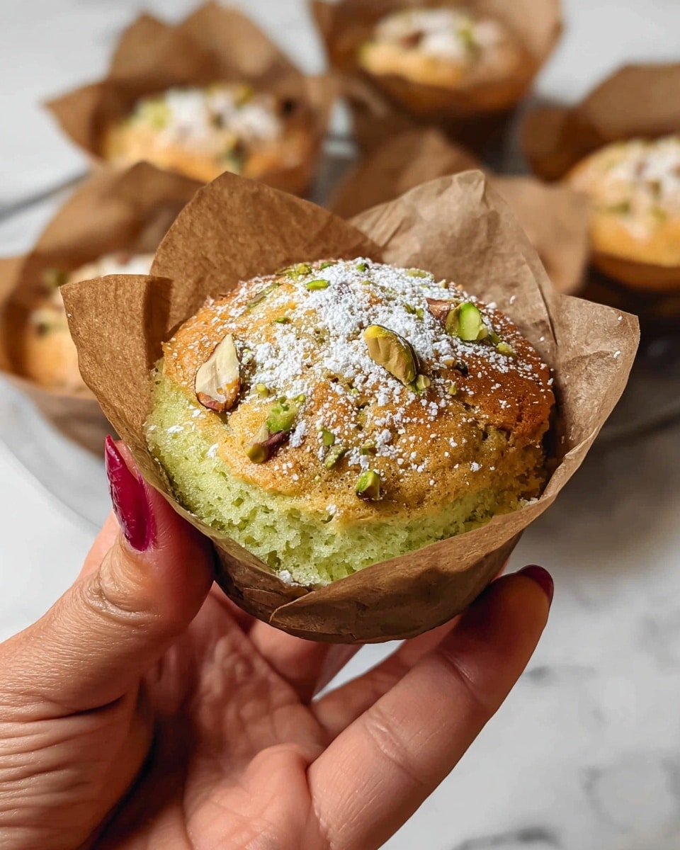 A close-up view of a muffin with two layers: the bottom layer is light green, soft, and moist, while the top layer is golden brown with a slightly crispy texture, sprinkled with powdered sugar and small pieces of green and brown nuts. The muffin is held by a woman's hand with neatly manicured nails painted a reddish color, wrapped in crinkled brown parchment paper. In the background, there are several similar muffins also wrapped in brown paper, all set on a white marbled surface. photo taken with an iphone --ar 4:5 --v 7