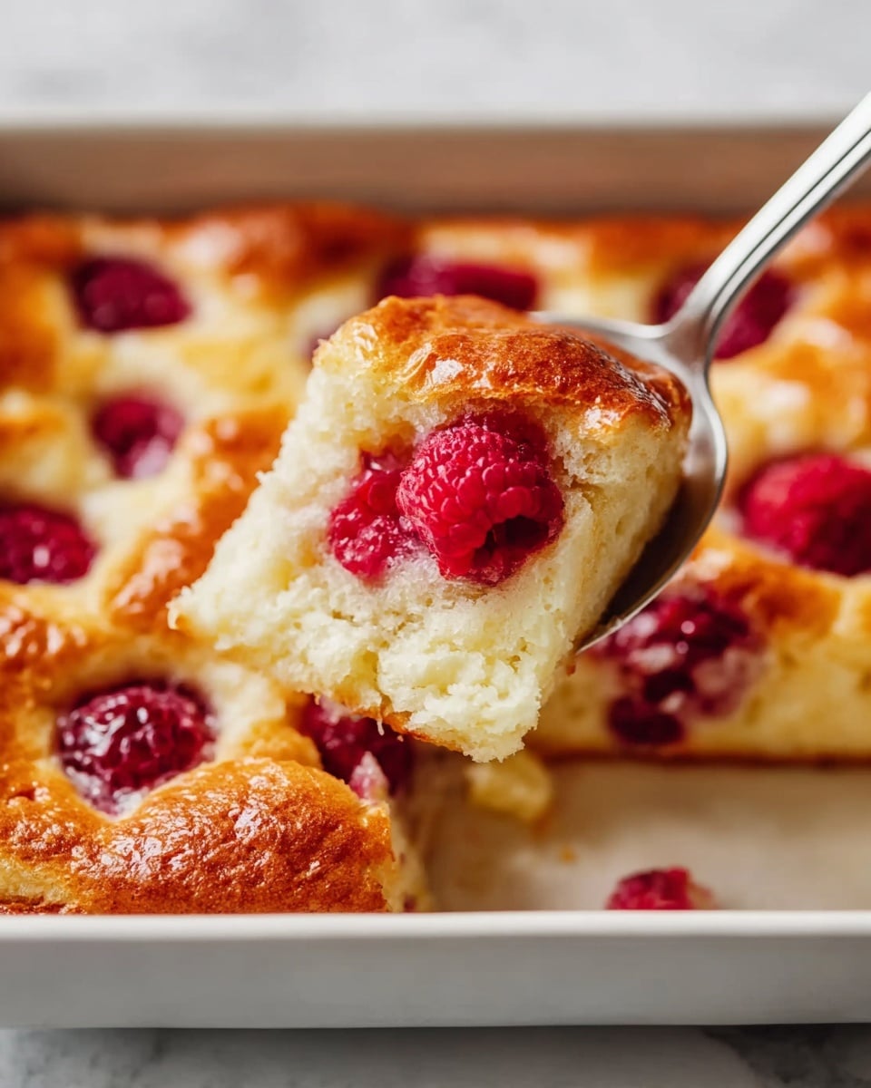 A white rectangular baking dish holds a bake with five golden brown, puffy cake-like sections visible on top, each containing bright red raspberries partly sunk into the soft, airy texture. The top layer is uneven with some parts slightly browned and shiny, showing a light crust. A silver spoon lifts one piece from the dish, featuring a golden top crust, fluffy pale interior, and a deep red raspberry on the edge of the piece, with another raspberry resting beside it on the spoon. The background is a white marbled surface. photo taken with an iphone --ar 4:5 --v 7