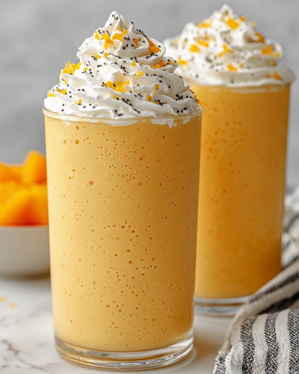 Two tall clear glasses are filled with a light orange, thick smoothie that has small bubbles and a creamy texture. Each glass is topped with a large swirl of white whipped cream, sprinkled with tiny black seeds and small pieces of bright orange zest. The glasses sit on a white marbled surface, with a blurred bowl of orange pieces and a striped cloth in the background. The light reflects softly on the smooth surface of the smoothie, giving the drinks a fresh and inviting look. photo taken with an iphone --ar 4:5 --v 7