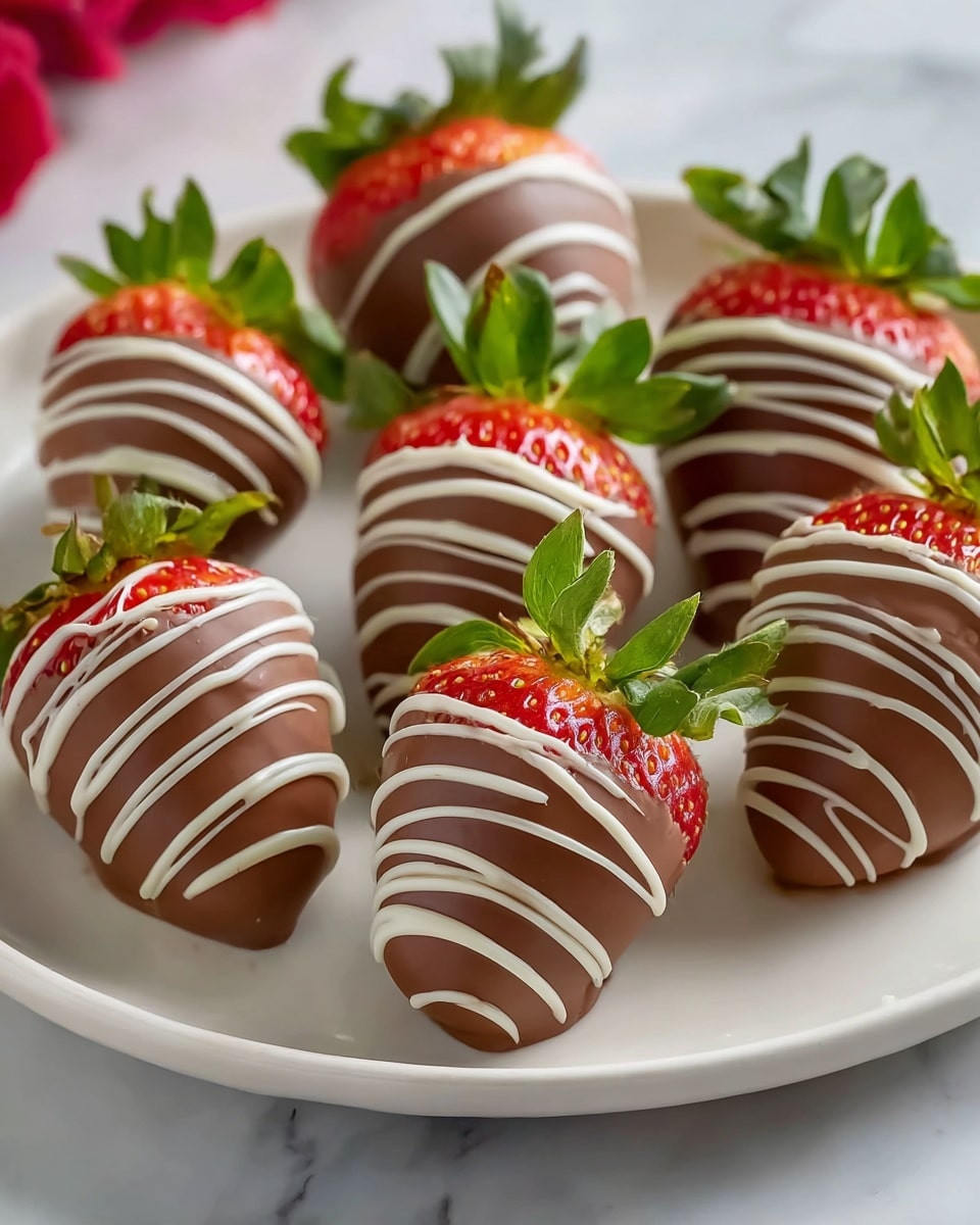 Six large strawberries coated in smooth milk chocolate cover the bottom half of each strawberry while the top half remains bright red with green leaves on top. Each strawberry is decorated with thin white chocolate drizzle lines evenly spaced over the milk chocolate layer. The strawberries rest on a clean white plate which sits on a white marbled texture surface, adding freshness and contrast to the rich colors. The photo is clear and close-up, showing the shiny textures of the chocolate and fresh fruit. photo taken with an iphone --ar 4:5 --v 7