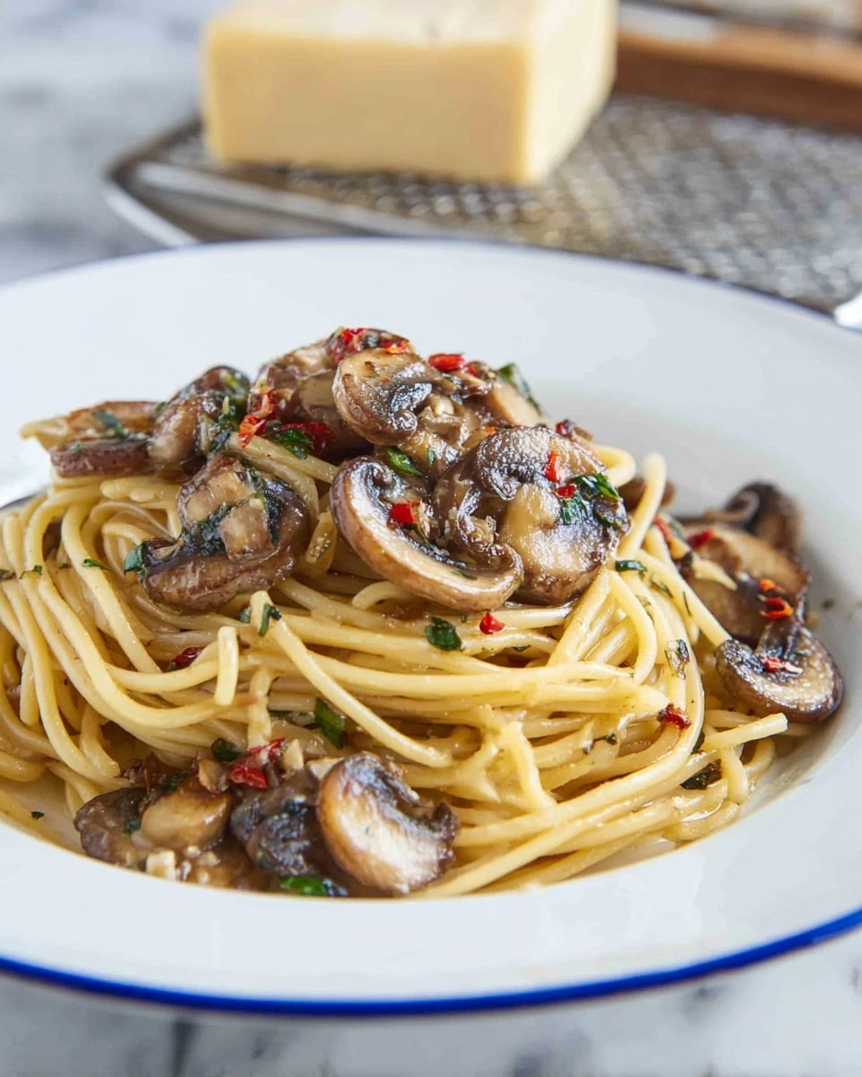 A black cast iron skillet holds a serving of spaghetti pasta mixed with sliced brown mushrooms and small bits of red chili. The spaghetti is light yellow and scattered with finely chopped green herbs and small shreds of white cheese. A wooden spoon is lifting some of the pasta on the right side, and the skillet rests on a white marbled surface. Photo taken with an iphone --ar 4:5 --v 7