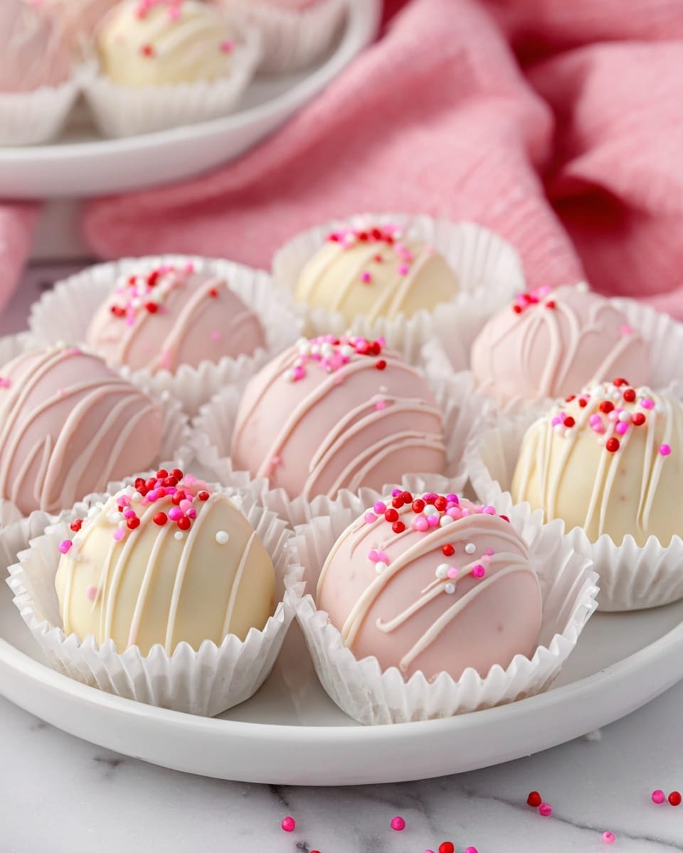 A white plate holds several smooth, round truffles in two main colors: pale pink and creamy white. Each truffle is decorated with thin drizzle lines in a slightly lighter shade and topped with small, colorful round sprinkles in red, pink, white, and a few darker tones. Every truffle sits individually in a fluted white paper cup, showing off their glossy, smooth texture. In the blurred background, more truffles rest on a pink cloth, adding warmth to the scene, and the entire setting is on a white marbled surface. photo taken with an iphone --ar 4:5 --v 7