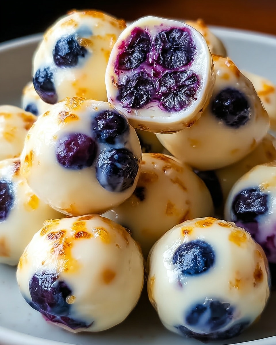 A close-up view of a pile of round, bite-sized blueberry yogurt balls stacked on a white plate. Each ball has a creamy white base with visible deep purple blueberries embedded throughout, giving a spotted effect. The yogurt coating on each ball is smooth and glossy, sprinkled with a light dusting of golden-brown crumbs that add texture and a slight crunch. The balls are tightly packed, showing a mix of shiny, moist surfaces and textured crumb areas. The background is a soft white marbled texture. photo taken with an iphone --ar 4:5 --v 7