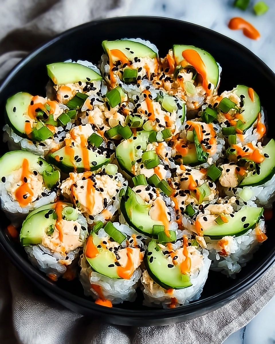 A round white bowl holds multiple cucumber sushi rolls arranged in close rows. Each roll has a visible outer layer of bright white rice, inside which are fresh green cucumber slices showing crisp texture. On top of each roll, there is a creamy light orange sauce dolloped thickly, sprinkled with small black sesame seeds. Drizzled over the rolls is a vibrant orange spicy sauce that adds contrast. Around the rolls, extra cucumber slices are neatly placed along the bowl’s edge. All this sits on a white marbled surface providing a clean background. photo taken with an iphone --ar 4:5 --v 7