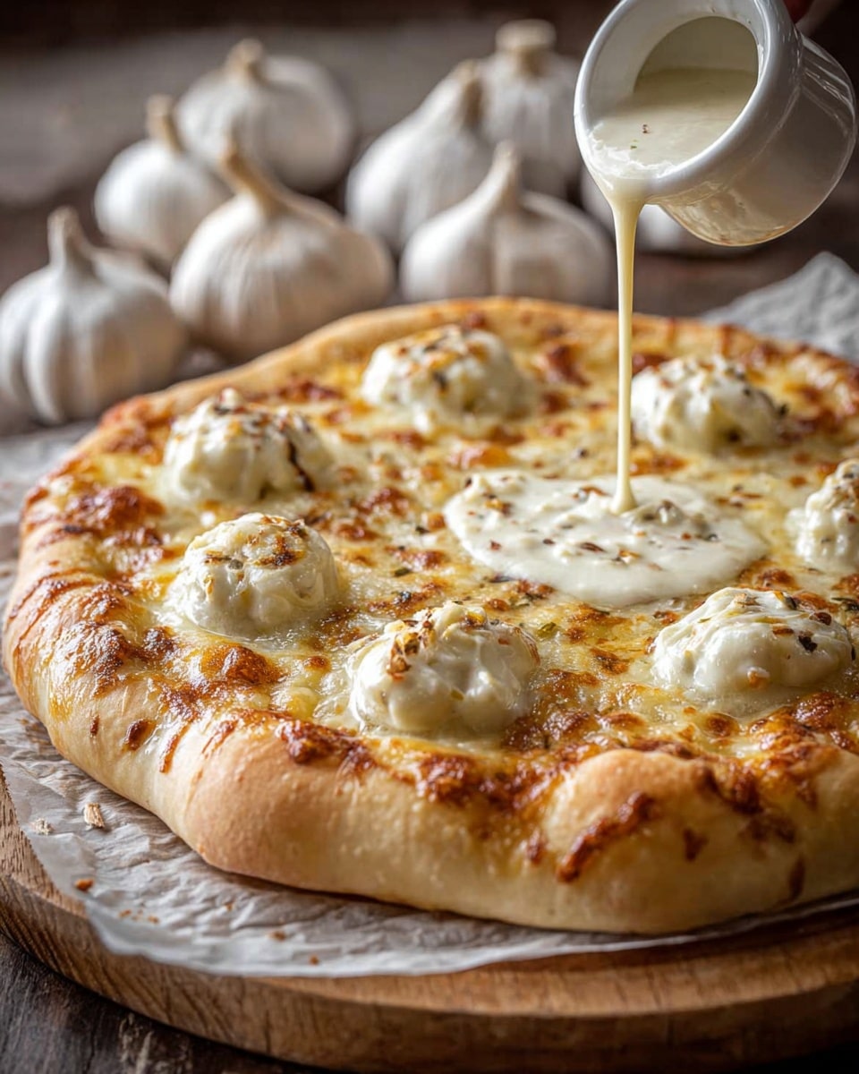 A round pizza with a thick, light golden brown crust sits on parchment paper over a wooden board. The pizza has a melted cheese base with a slightly browned texture. On top, there are eight dollops of creamy white cheese arranged evenly near the edges. In the center, a stream of creamy white sauce is being poured from a small white container, creating a glossy pool. The background shows several whole garlic bulbs slightly blurred, adding a rustic feel. photo taken with an iphone --ar 4:5 --v 7