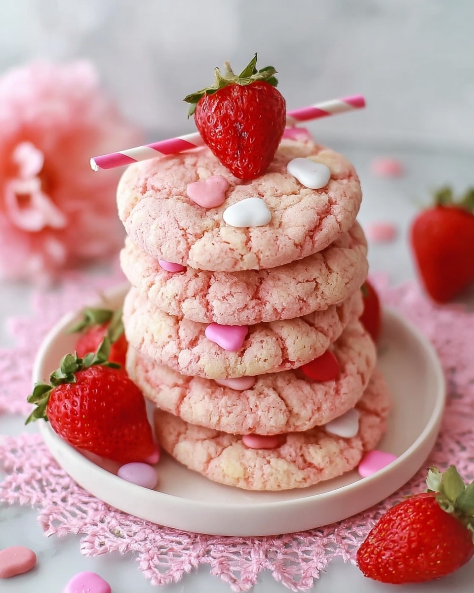 A stack of seven soft pink cookies sits on a white plate with a delicate pink lace doily beneath them, placed on a white marbled surface. The cookies have a cracked texture and are decorated with small pink heart-shaped candies and a few white round candies. One whole red strawberry with a green top is placed on the top cookie along with a pink and white striped straw. Around the plate are several fresh strawberries, bright red with green tops, adding fresh color to the scene. In the background, there is a soft pink flower adding a gentle touch to the composition. photo taken with an iphone --ar 4:5 --v 7