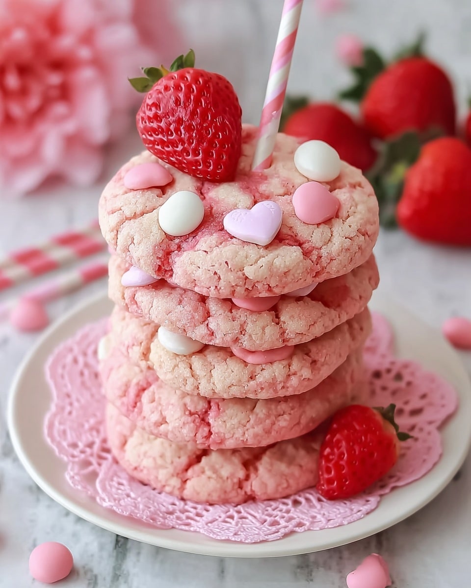 A stack of five soft pink cookies with cracked tops sits on a white plate lined with a pink lace doily. The top cookie is decorated with small pink heart-shaped candies and one white round candy, along with a fresh red strawberry on the edge. Another red strawberry is tucked between the cookies near the bottom. The background shows a white marbled texture with scattered fresh strawberries and a blurred pink flower on the side. A pink and white striped straw is inserted into the top cookie. photo taken with an iphone --ar 4:5 --v 7