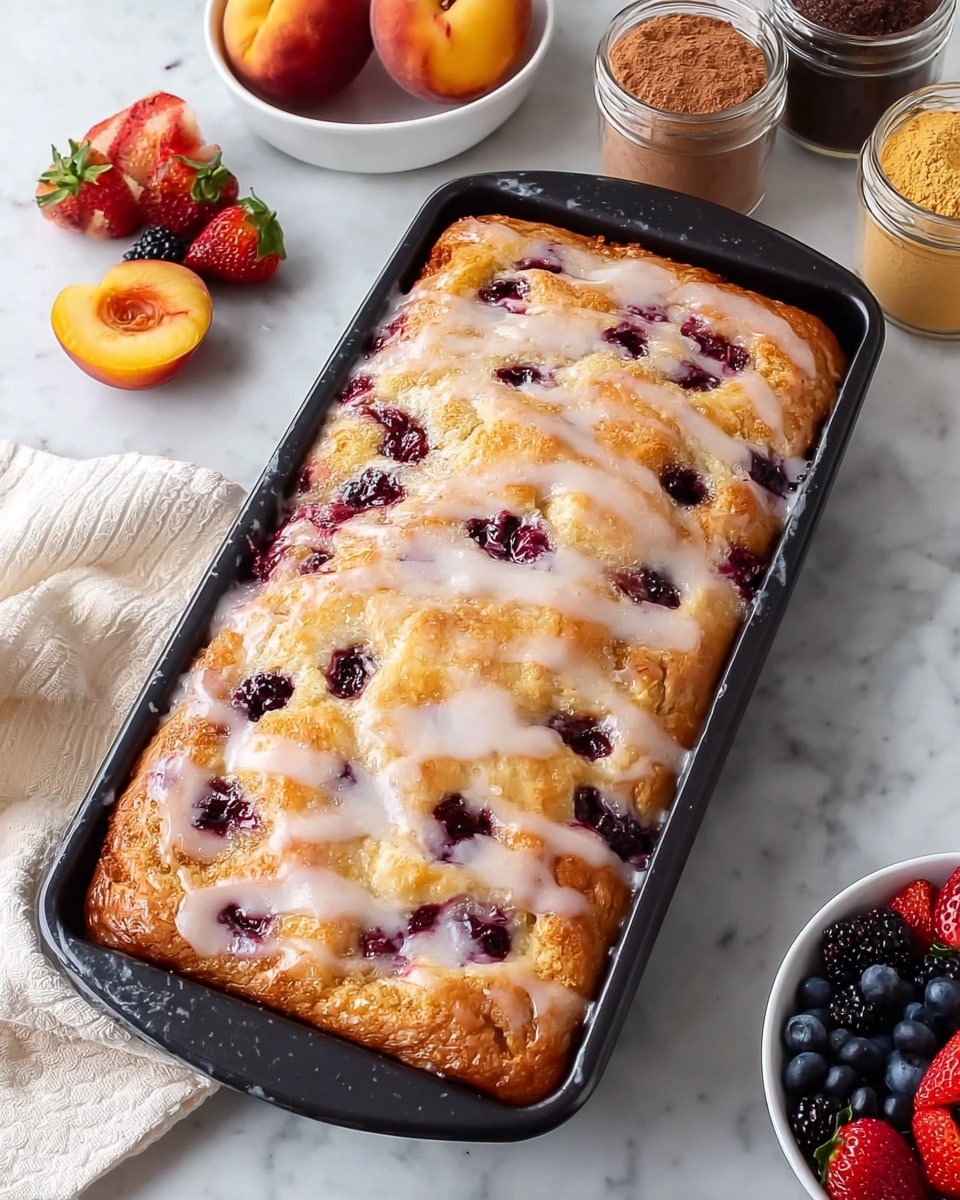 A rectangular baked berry pastry with two layers is shown in a black baking pan on a white marbled surface. The bottom layer is golden brown with a soft, fluffy texture, while the top layer is glazed with a shiny white icing that drips slightly over the edges and around scattered dark red berries baked into the pastry. Around the pan, there is a white cloth, fresh fruits including peaches, blackberries, blueberries, and a bowl of strawberries, with two glass jars filled with brown and tan powders in the background. photo taken with an iphone --ar 4:5 --v 7