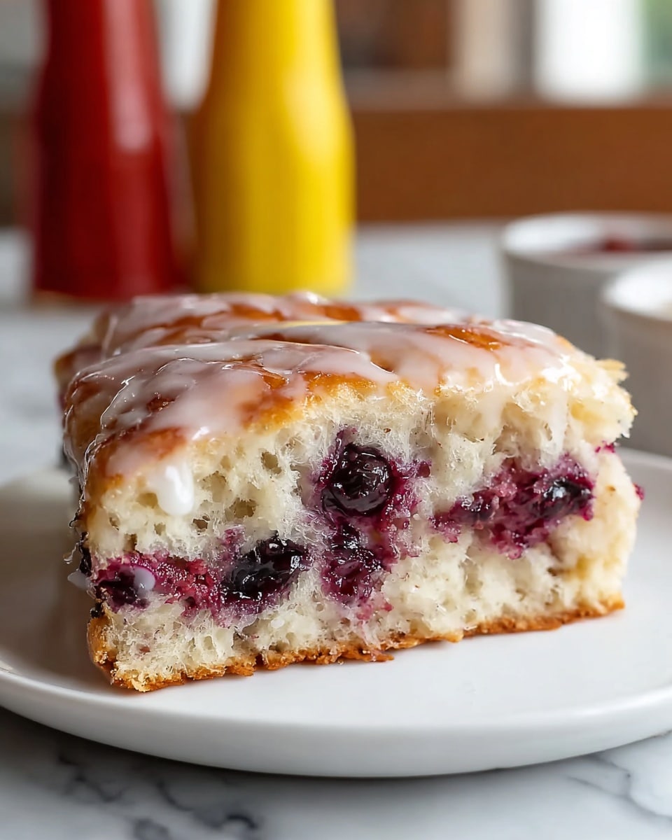 A close-up of a slice of blueberry pastry on a white plate, showing two thick layers: the bottom layer is a light, fluffy bread with visible air holes and dark purple blueberries baked inside, and the top layer is a shiny white glaze that drips slightly down the sides, giving a smooth texture. The background is softly blurred, showing faint shapes of mustard and ketchup bottles on a white marbled surface. Photo taken with an iphone --ar 4:5 --v 7