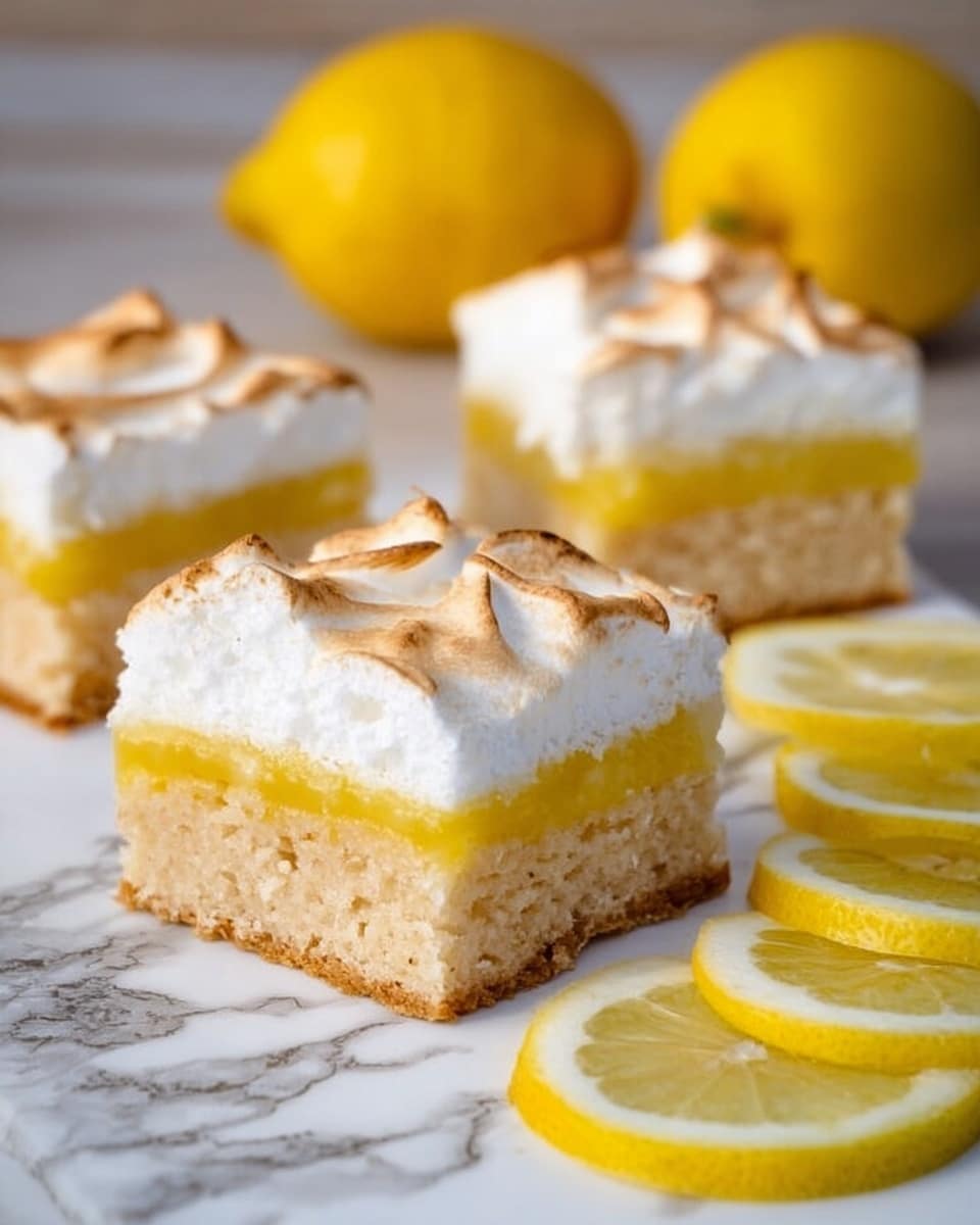 Three square lemon bars are shown on a white marbled surface, each with three layers: the bottom layer is a light beige, soft cake-like texture; the middle layer is a smooth, bright yellow lemon filling; the top layer is a toasted, fluffy white meringue with light brown peaks. Behind the lemon bars are two whole yellow lemons, and to the right are several slices of lemon arranged neatly. The image has natural lighting and looks fresh and inviting. photo taken with an iphone --ar 4:5 --v 7