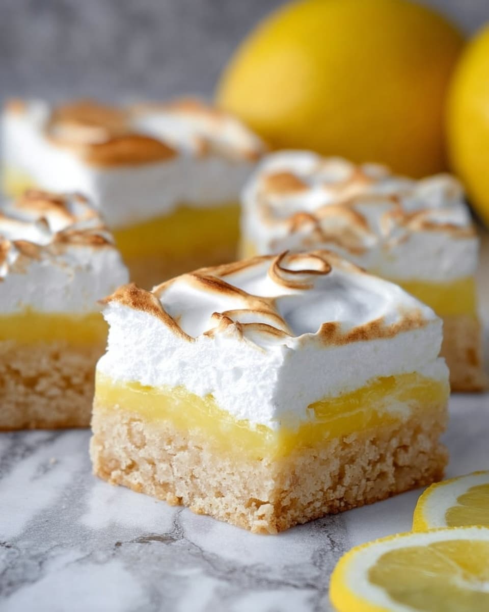 The image shows a close-up of three square lemon bars on a white marbled surface, each with three distinct layers. The bottom layer is a thick, light beige, crumbly cake base with a soft texture. The middle layer is a smooth, bright yellow lemon curd that looks glossy and slightly thick. The top layer is a fluffy, white meringue with golden-brown toasted peaks and swirls. There are two whole lemons blurred in the background and lemon slices in the bottom right corner. photo taken with an iphone --ar 4:5 --v 7