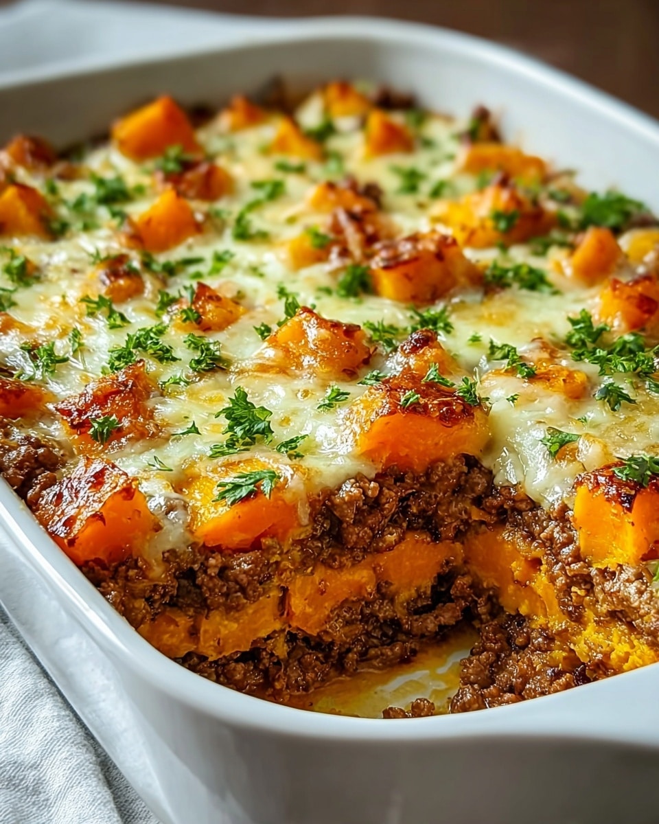 A white ceramic baking dish holds a layered casserole with three clear layers: the bottom layer is a rich brown cooked ground meat, the middle layer features bright orange roasted butternut squash cubes, and the top is melted, lightly golden cheese dotted with small fresh green parsley pieces. The dish’s surface glistens slightly with oil from the cheese, and the casserole looks warm and hearty. The dish sits on a white marbled textured surface, with a cozy and inviting close-up view. photo taken with an iphone --ar 4:5 --v 7