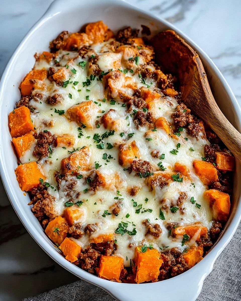 The image shows a white oval dish filled with a baked casserole having three main layers. The bottom layer is made of soft orange chunks of cooked sweet potatoes. On top of that, there is a layer of browned ground meat spread evenly. The top layer is melted white cheese covering the meat and sweet potatoes, with small bits of green herbs sprinkled on top. A wooden spoon rests inside the dish, and the dish is set on a white marbled surface. photo taken with an iphone --ar 4:5 --v 7