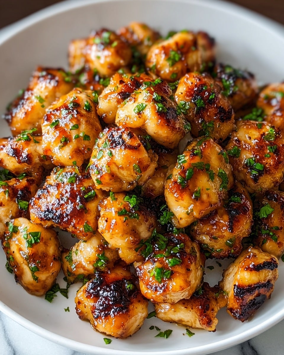 The image shows a white plate filled with many small, golden-brown grilled chicken pieces, each with a shiny glaze that looks sticky and slightly caramelized. The chicken pieces have small charred spots, adding a textured look, and are sprinkled with fresh, chopped green herbs scattered evenly on top. The chicken pieces are piled high in the center of the plate, creating a rich and hearty mound that looks warm and juicy. The background is a white marbled texture, making the colors of the chicken stand out clearly. Photo taken with an iphone --ar 4:5 --v 7