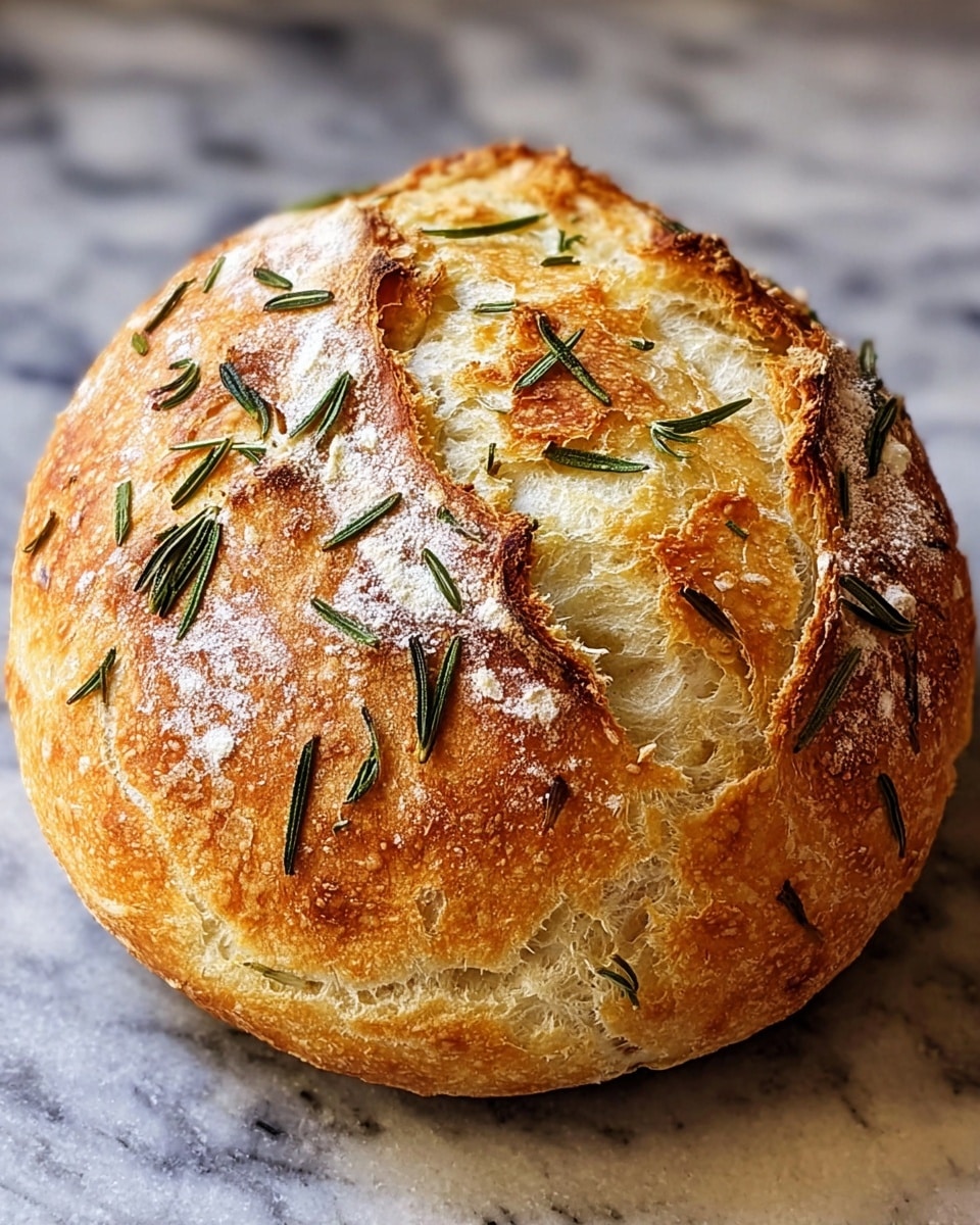 A round loaf of bread with a golden brown crust on the outside and a light, airy, white inside visible through the cracks. The top has small green rosemary leaves scattered across with a few white flour spots dusted around the edges. The texture shows a mix of crispy areas and soft, fluffy parts inside. The bread is resting directly on a white marbled surface. photo taken with an iphone --ar 4:5 --v 7