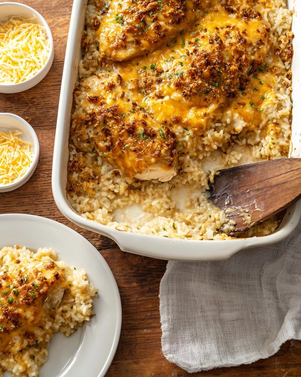 A white baking dish holds a golden brown baked chicken and rice casserole with a top layer of melted, bubbly cheese mixed with browned crispy bits. The casserole has two pieces of chicken breast partially covered by a thick, creamy layer of cooked rice beneath the cheese. A wooden spatula scoops out a portion from the bottom right side of the dish, revealing the moist rice layer underneath. Nearby on a white plate are servings of the same casserole showing a clear contrast between the creamy rice base and the cheese-covered chicken on top. The setting is on a wooden surface with a small white bowl of shredded cheese near the bottom left corner. Photo taken with an iphone --ar 4:5 --v 7