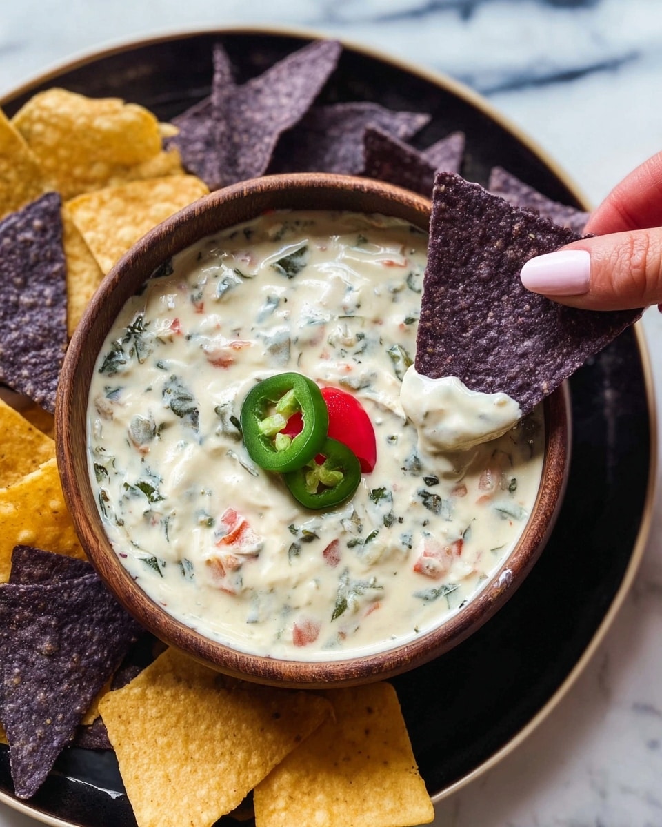 A wooden bowl filled with creamy white queso dip that has visible small green herb pieces and tiny red tomato bits mixed in, topped with two thin green jalapeño slices and a small red tomato piece. The bowl sits on a white plate with a dark rim, placed on a white marbled surface. Around the bowl, there are scattered triangular tortilla chips in two colors: dark purple and light yellow. A woman's hand with neatly manicured nails painted light pink is holding a dark purple tortilla chip, dipped halfway into the queso dip, showing the thick and creamy texture of the cheese coating the chip. Photo taken with an iphone --ar 4:5 --v 7