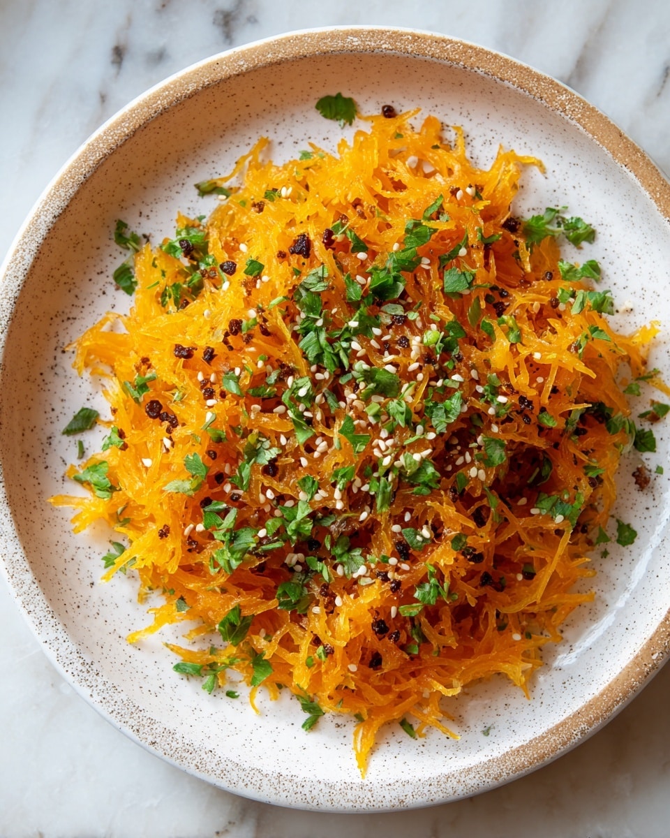 A round white speckled plate holds a single layer of bright orange shredded vegetables, likely cooked spaghetti squash, scattered evenly with small charred bits adding darker brown spots. The squash is sprinkled with chopped fresh green herbs and small white sesame seeds, creating a colorful contrast on top. The plate rests on a white marbled surface. photo taken with an iphone --ar 4:5 --v 7