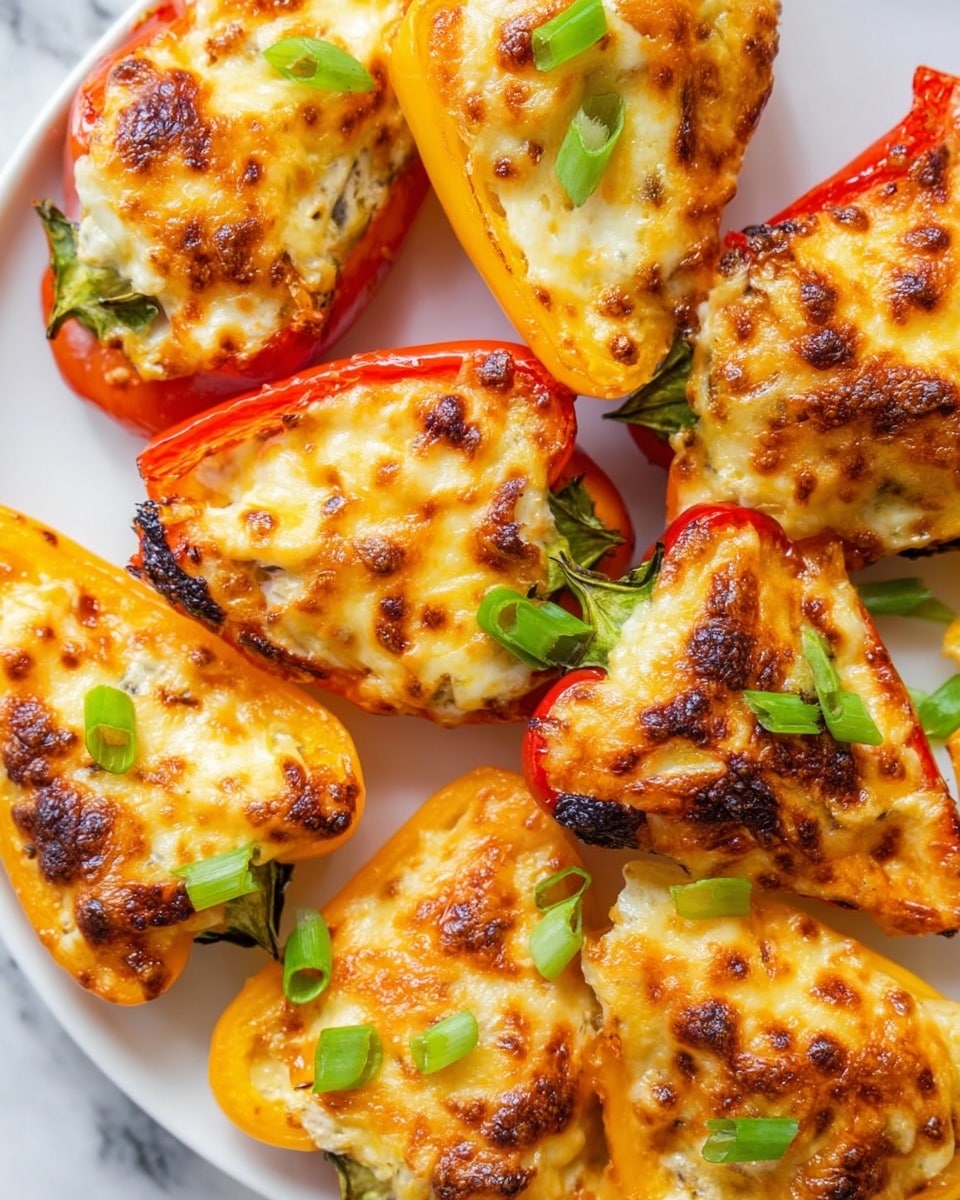 The image shows several stuffed mini bell peppers sliced in half and arranged closely together on a white plate. Each pepper half has a bright red or yellow exterior with slightly charred edges, topped with a melted, browned cheese layer that is creamy and bubbly in texture. Small pieces of green onion are scattered on top of the cheese, adding a fresh green contrast. The plate sits on a white marbled surface, enhancing the vibrant colors and textures of the peppers. photo taken with an iphone --ar 4:5 --v 7
