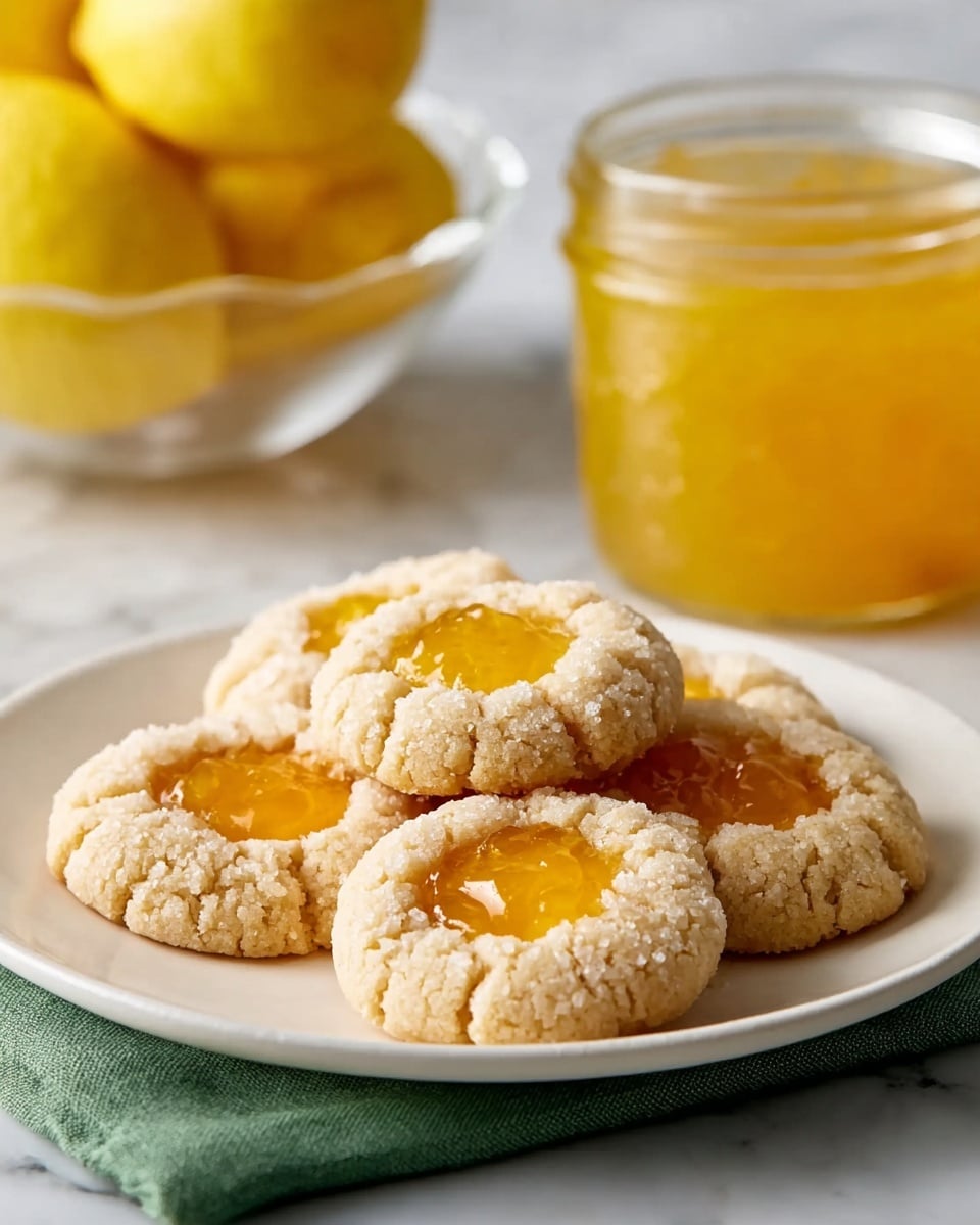 A close-up view shows five thumbprint cookies arranged on a white plate with a smooth surface, each cookie featuring a cracked, crumbly beige base and a bright yellow-orange dollop of jam in the center. The cookies form a slight pile, with textures highlighting their soft, crumbly dough and glossy jam. The plate rests on a folded green cloth, and behind it, there is a clear glass jar filled with the same yellow-orange jam, along with a glass bowl holding several whole yellow lemons, all set against a white marbled background. photo taken with an iphone --ar 4:5 --v 7