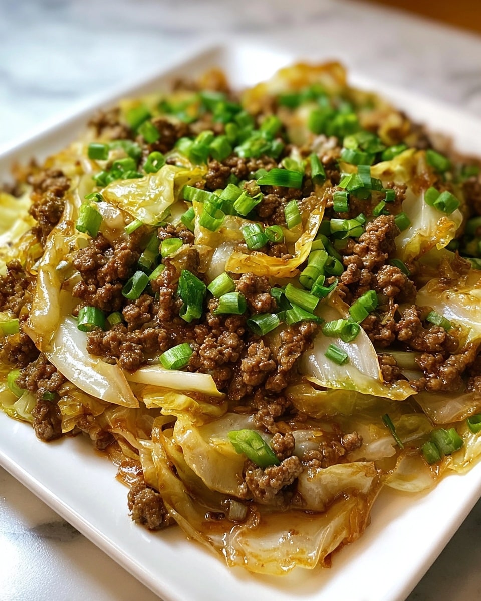A white square plate filled with a close-up view of a dish made of browned ground meat mixed with soft cooked cabbage pieces that have a light golden-brown glaze, topped with small pieces of bright green chopped scallions, all sitting on a white marbled texture surface. photo taken with an iphone --ar 4:5 --v 7