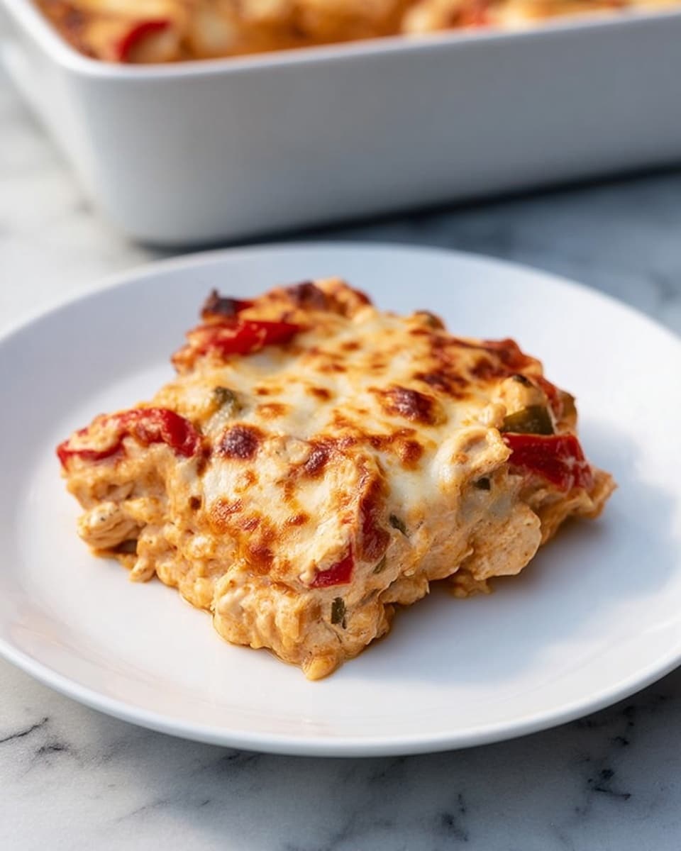 A white plate holds a single serving of a baked dish with one main layer that looks creamy and thick with a golden-brown toasted cheese topping. The dish contains visible pieces of cooked chicken and red bell pepper strips mixed in with the sauce, showing a soft, slightly chunky texture with some browned spots on the surface. The plate is on a white marbled textured surface, and in the background, there is a white baking dish filled with more of the same baked meal. Photo taken with an iphone --ar 4:5 --v 7