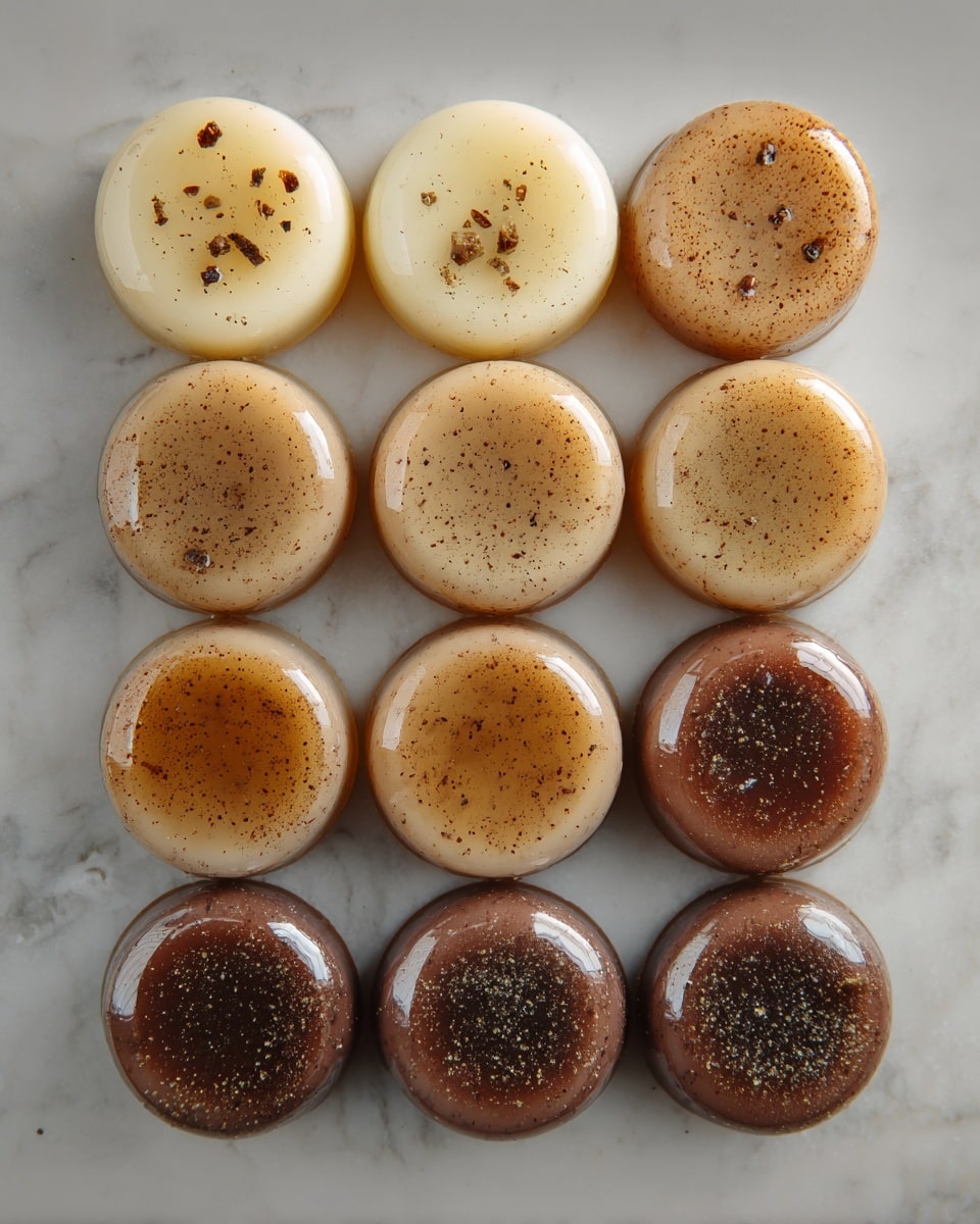 The image shows twelve round jelly-like desserts arranged in three rows of four on a white marbled surface. The top row contains light cream-colored jellies with small brown bits inside, each having a smooth and glossy texture. The middle row showcases slightly darker beige jellies with specks of darker brown scattered evenly throughout, giving a speckled look. The bottom row features the darkest jellies, deep brown with a glossy surface and heavier speckling in darker brown shades. Each dessert has a consistent, circular shape and a shiny finish, showing small imperfections on the surface, suggesting a soft gelatin texture. photo taken with an iphone --ar 4:5 --v 7