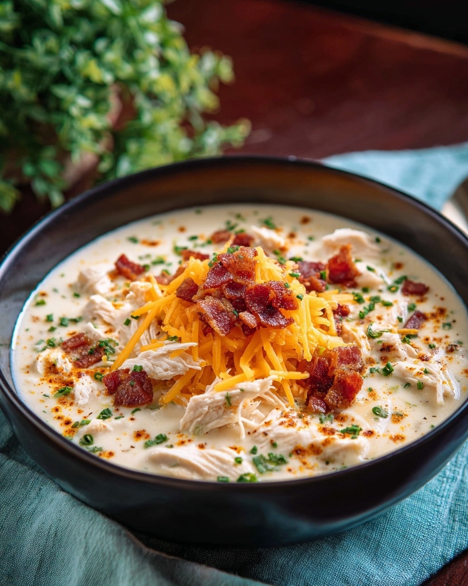 A black bowl filled with a creamy white soup base, topped with shredded white chicken pieces scattered evenly around the surface. The center of the soup is layered with a small pile of bright orange shredded cheddar cheese and crispy reddish-brown bacon pieces. The dish is garnished with small green herb bits sprinkled across the top, and light orange spice powder dots the creamy soup surface. The bowl sits on a light blue cloth, with a blurred green plant in the background and a dark wood table beneath. photo taken with an iphone --ar 4:5 --v 7