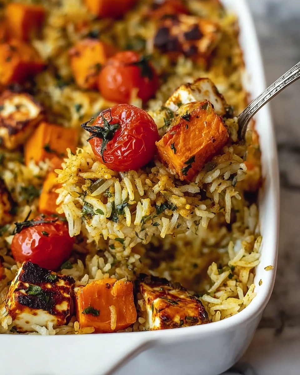 The image shows a close-up of a white baking dish filled with a layered rice casserole. The base layer is golden-brown cooked rice, mixed with small green herbs. Scattered on top are roasted orange cubed sweet potatoes with crispy edges, bright red whole cherry tomatoes with slightly blistered skins, and browned cubes of paneer cheese with a charred surface. A silver spoon lifts a portion of the meal, displaying a mix of rice, a whole cherry tomato, and a browned paneer cube, all glistening with herbs and lightly oily texture. The dish sits on a white marbled textured surface. photo taken with an iphone --ar 4:5 --v 7