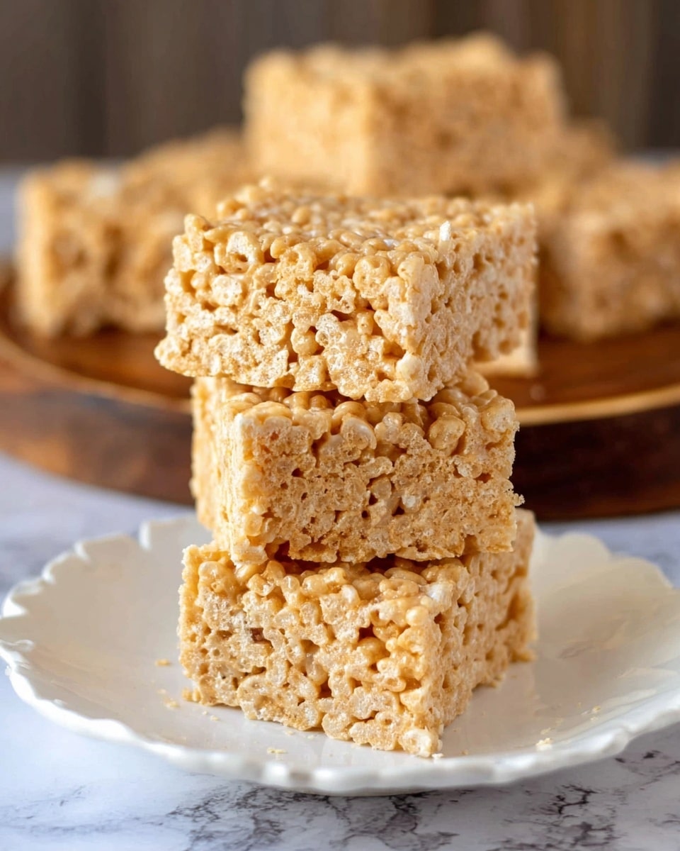The image shows three square pieces of crispy rice treats stacked on top of each other on a white plate with a scalloped edge, sitting on a white marbled surface. The treats have a golden tan color with visible texture from the puffed rice and melted marshmallow, giving them a soft yet chewy appearance. In the background, more pieces of the treats are blurred but visible, placed on a wooden round board. The focus is sharp on the three pieces in the front, highlighting their gooey and crunchy texture. Photo taken with an iphone --ar 4:5 --v 7