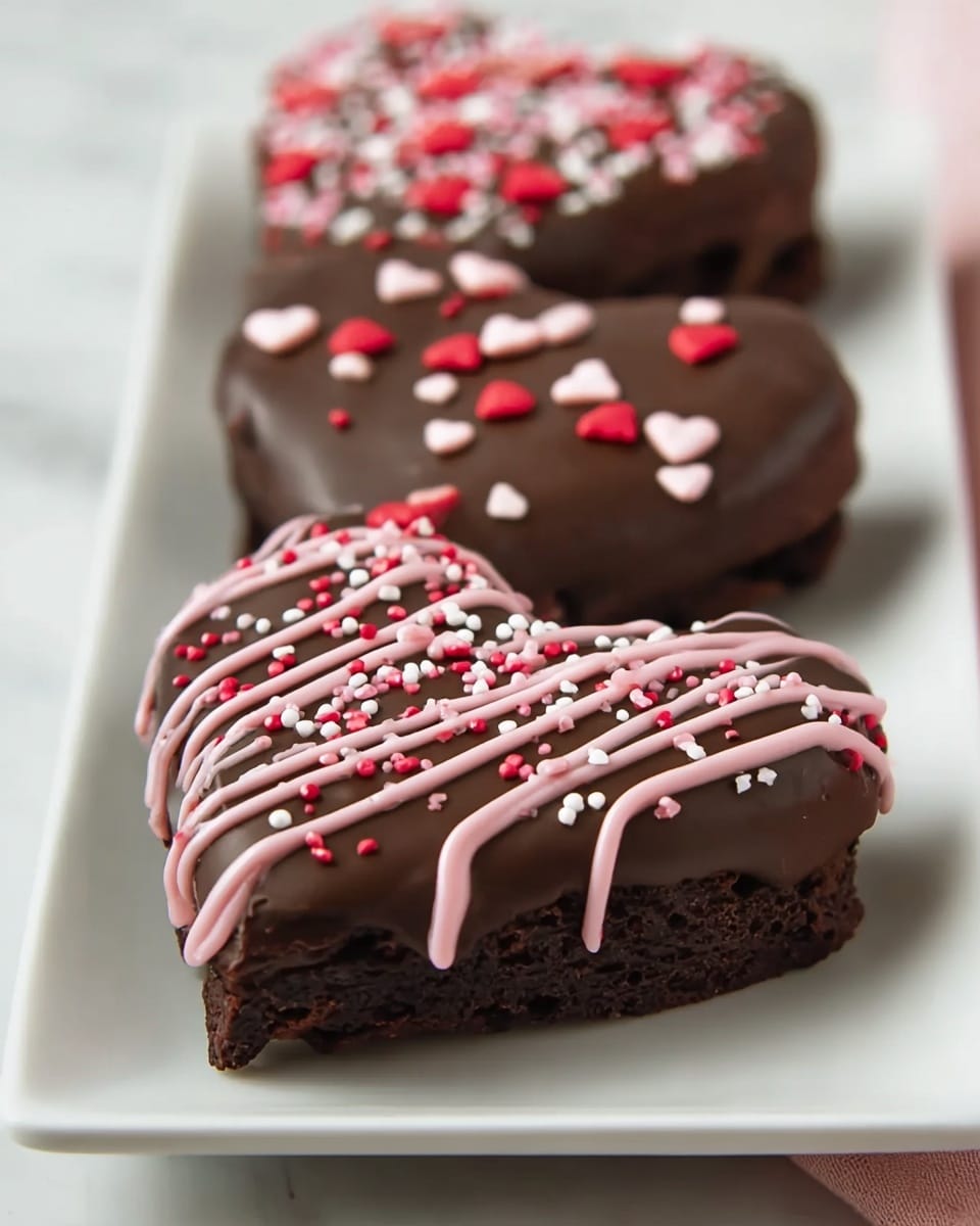 Three heart-shaped brownies are placed on a white square plate on a white marbled surface. Each brownie has a thick, smooth layer of glossy dark brown chocolate coating on top. The closest brownie is decorated with thin, pink icing drizzled vertically and scattered with small red, white, and pink round sprinkles. The second brownie has small red and white heart-shaped sprinkles spread across the top. The third brownie in the back also shows the pink icing drizzle and sprinkles partially visible. Photo taken with an iphone --ar 4:5 --v 7