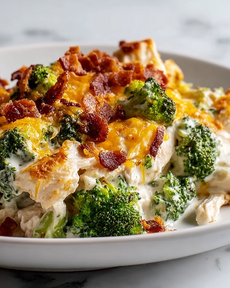 The dish shows a close-up of a creamy casserole layered with bright green broccoli florets and tender, white chicken pieces mixed in a thick, white cream sauce. On top, there are melted golden-yellow cheddar cheese patches and crispy small dark brown bacon bits scattered evenly, adding texture. The casserole sits in a white plate on a white marbled surface, showing a rich mix of colors and textures with a slightly browned, crispy top. Photo taken with an iphone --ar 4:5 --v 7