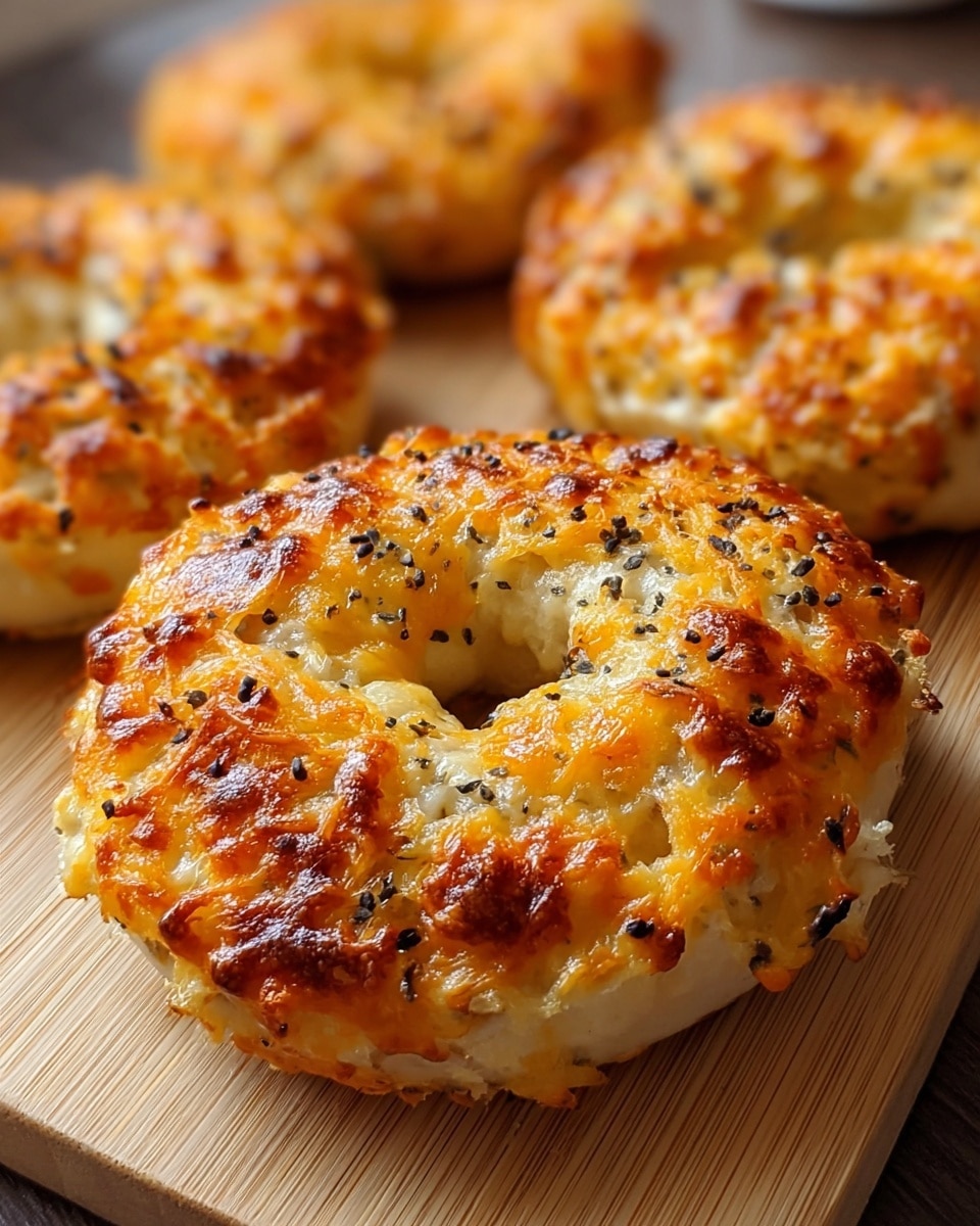 The image shows close-up of four baked bagels sitting on a light wooden board. Each bagel has a golden brown crust with melted cheese melted unevenly on top, creating a crispy and bubbling texture. The cheese is orange with darker toasted spots, and there are small black seeds sprinkled across the surface. The bagels' dough underneath is pale cream colored, soft and porous, visible through the melted cheese. The photo focuses on the nearest bagel, showing its round shape with a hole in the middle and the rich, textured topping in detail. photo taken with an iphone --ar 4:5 --v 7