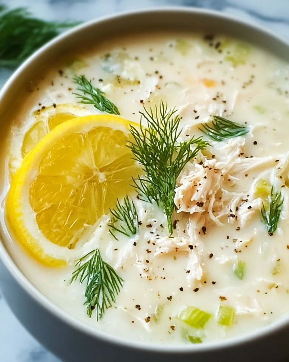 A close-up view of a bowl filled with creamy white soup that has small pieces of shredded white chicken mixed inside. On top, there is a bright yellow lemon slice placed near the edge of the bowl, and fresh green dill sprigs lie across the surface of the soup. Small black pepper specks are scattered over the soup, adding texture and color contrast. The soup is in a white bowl set on a white marbled surface. photo taken with an iphone --ar 4:5 --v 7