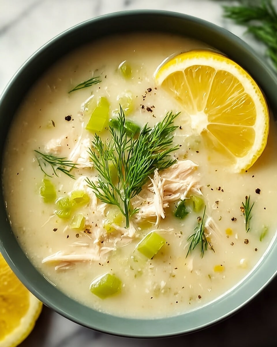 A creamy light beige soup fills a white bowl, topped with bright green dill sprigs and shredded white chicken pieces scattered throughout. Small bits of light green celery float in the soup, adding texture. A fresh yellow lemon slice rests on the surface near the bowl's edge, while specks of black pepper are sprinkled on top. The scene is set on a white marbled surface, giving a clean and fresh look. photo taken with an iphone --ar 4:5 --v 7