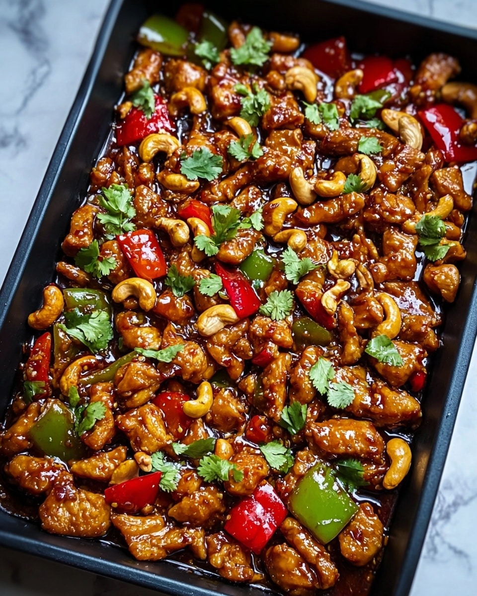 The dish features many small, glossy pieces of cooked chicken that have a rich golden-brown color, mixed with vibrant red and green bell pepper chunks, all coated in a shiny dark brown sauce. There are many whole cashew nuts scattered evenly on top, adding a light tan color and crunchy texture. Bright green fresh cilantro leaves are sprinkled over the dish, giving a fresh look. The ingredients are arranged together in a single, thick layer inside a black rectangular pan, set against a white marbled texture background. Photo taken with an iphone --ar 4:5 --v 7