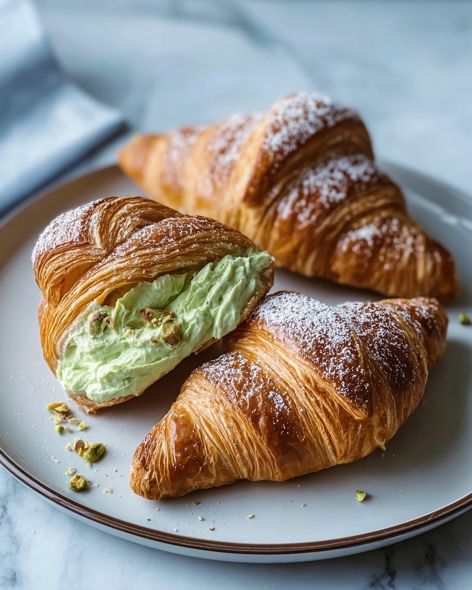 The image shows three croissants on a round white plate with a thin dark edge, sitting on a white marbled surface. Two croissants are plain, golden brown with visible layers and dusted lightly with white powdered sugar, while the third croissant is cut open to reveal a thick, light green creamy filling topped with small nut pieces spilling slightly onto the plate. The croissants have a flaky, crisp texture with well-defined layers that catch the light, creating a shiny look. Photo taken with an iphone --ar 4:5 --v 7
