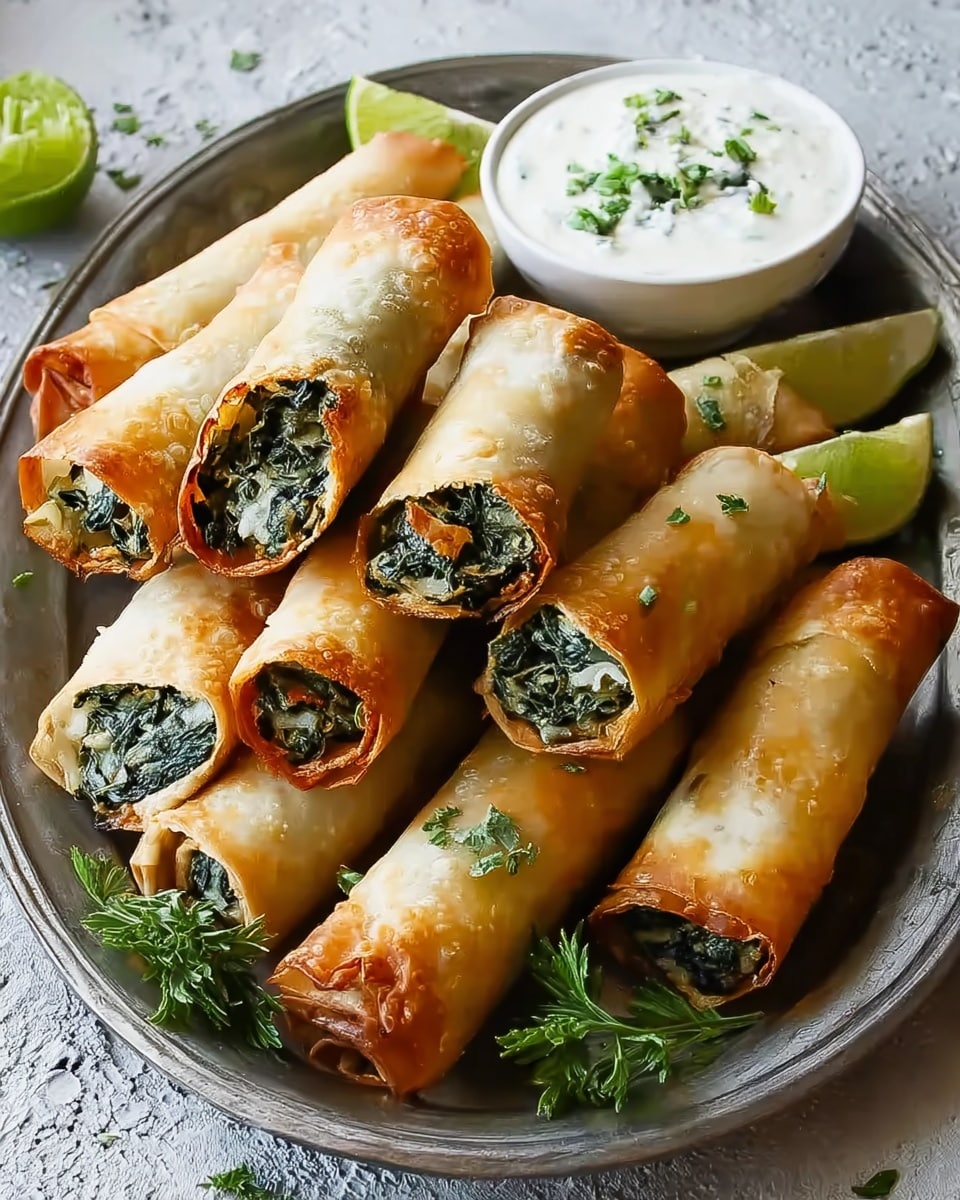 A silver round tray holds about ten golden-brown, crispy rolled pastries filled with dark green spinach mixture, some showing the filling at their open ends. A white small bowl with creamy white sauce topped with green herb pieces is placed on the tray near the pastries, with a slice of green lime visible on the side. A small green herb sprig decorates the arrangement, and all is set on a white marbled textured surface. photo taken with an iphone --ar 4:5 --v 7