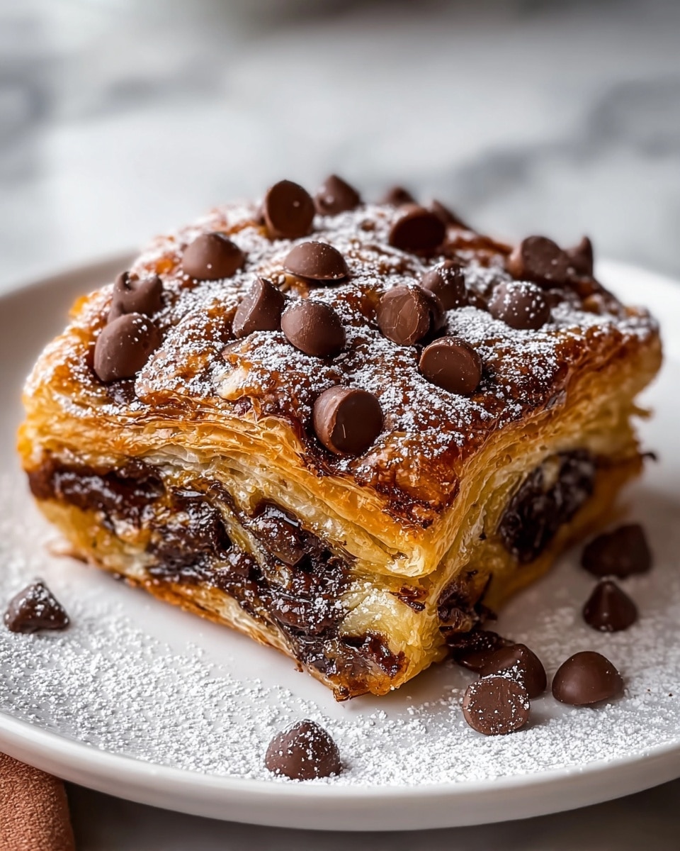 A square piece of flaky pastry with four visible layers of golden brown, crispy crust filled with melted dark chocolate swirls and chunks throughout. On top, a layer of glossy chocolate chips is scattered, some whole and some cut to show their flat, circular cross-section. The pastry is lightly dusted with fine white powdered sugar, resting on a white plate with some powdered sugar sprinkled around the edges. The background shows a softly blurred white marbled texture. photo taken with an iphone --ar 4:5 --v 7
