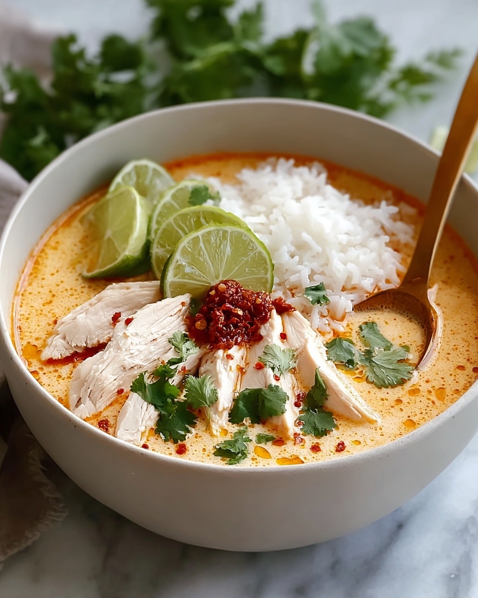 A white bowl filled with a creamy orange soup base, topped with sliced white chicken breast pieces arranged on one side, a small mound of fluffy white rice on the other, and fresh green cilantro scattered throughout. Two bright green lime wedges rest near the chicken, while a dollop of reddish chili paste sits in the center. A wooden spoon is partially dipped in the soup, and the bowl sits on a white marbled surface with out-of-focus green herbs in the background. Photo taken with an iphone --ar 4:5 --v 7