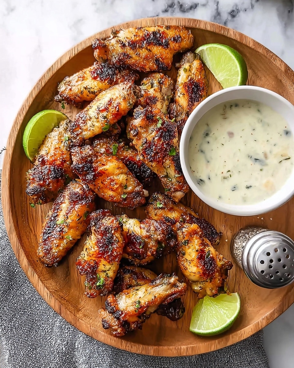 A wooden round plate is full of golden brown grilled chicken wings, showing a crispy, slightly charred texture with herbs and spices visible on the skin, piled in the center. There are lime wedges placed near the edge of the plate, adding a fresh green color contrast. A white bowl filled with creamy, speckled ranch dressing is set on the right side of the plate, next to a silver pepper shaker. The plate sits on a white marbled surface with a gray cloth partially visible under it. photo taken with an iphone --ar 4:5 --v 7