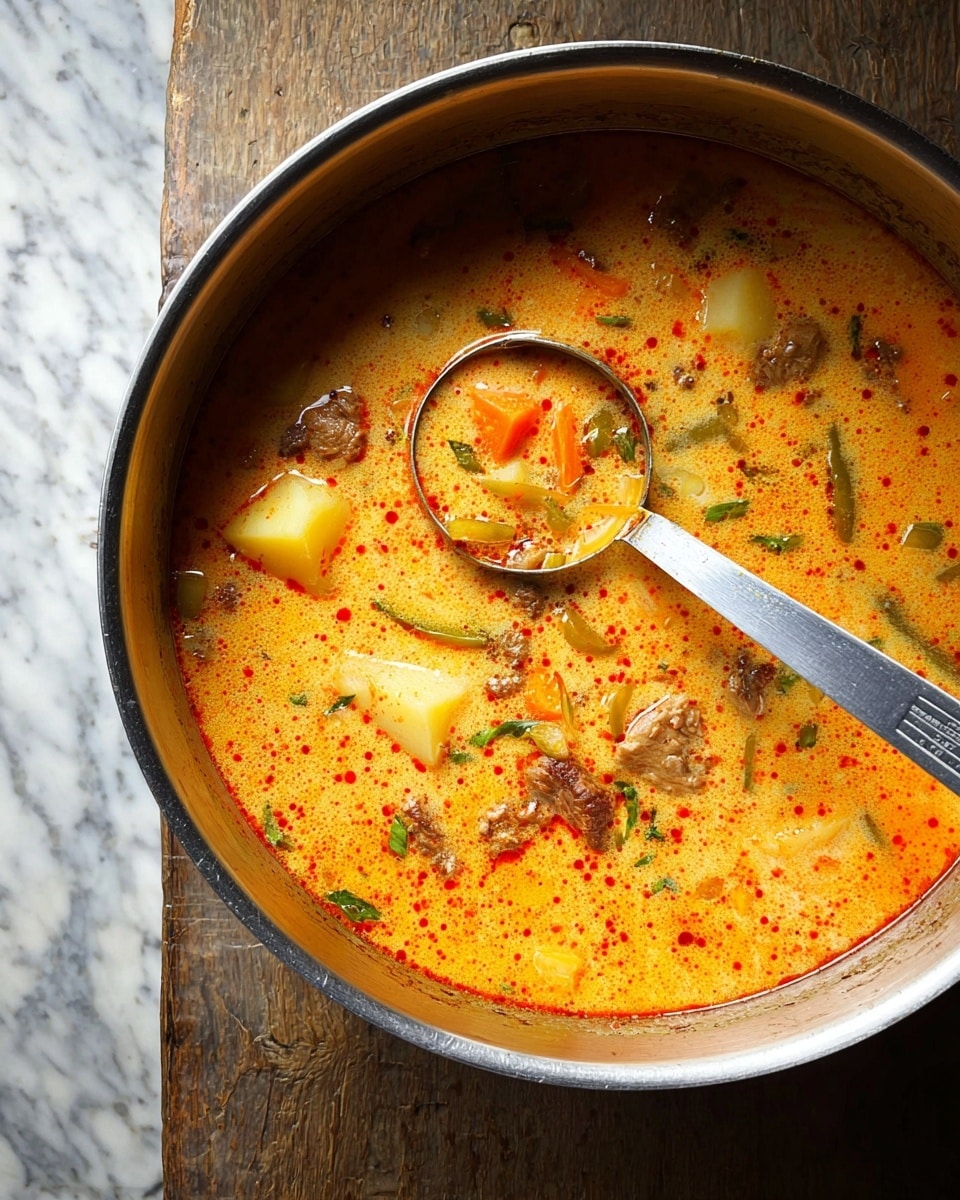 A large metal pot holds a creamy orange soup with visible layers of diced vegetables and pieces of meat. The soup has a smooth, slightly oily surface dotted with red spices, and chunks of pale yellow potatoes, orange carrots, green peppers, and browned meat pieces are spread throughout. A long metal knife is placed inside the pot, resting on the edge, and a ladle is partially immersed in the soup. The pot sits on a rough, worn wooden surface replaced here by a white marbled texture. Photo taken with an iphone --ar 4:5 --v 7