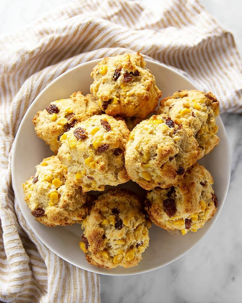A white plate filled with eight golden brown biscuit-like muffins, each rough-textured with visible chunks of corn kernels and bits of dark raisins or nuts scattered throughout. The muffins are irregularly shaped with a crumbly surface, showing a mix of yellow and light brown hues that highlight the baked corn and added ingredients. The plate rests on a white marbled surface, next to a striped beige and white cloth, creating a soft, cozy atmosphere in the image. photo taken with an iphone --ar 4:5 --v 7